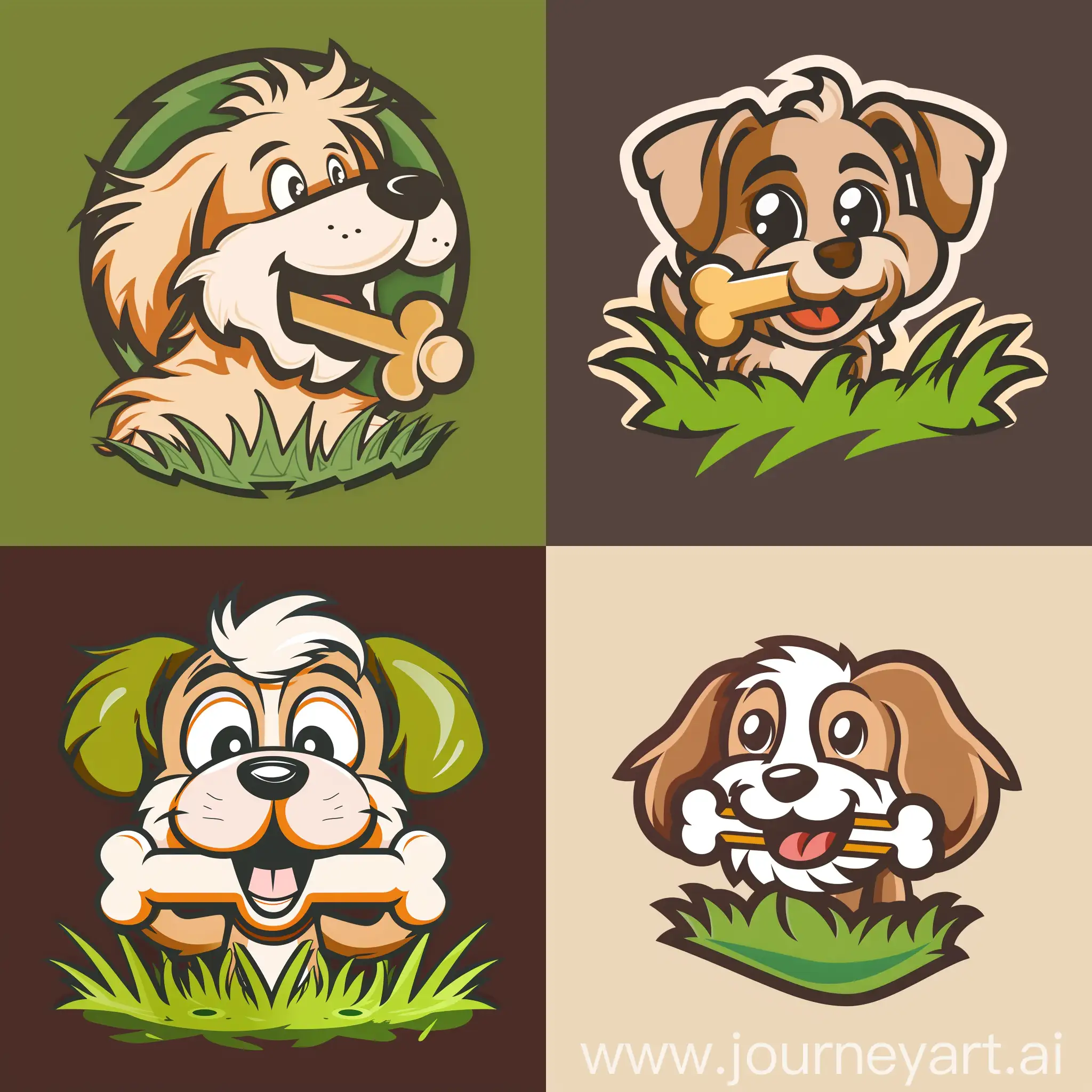 мультяшный логотип доброй собачки которая держит в зубах косточку на фоне травы 