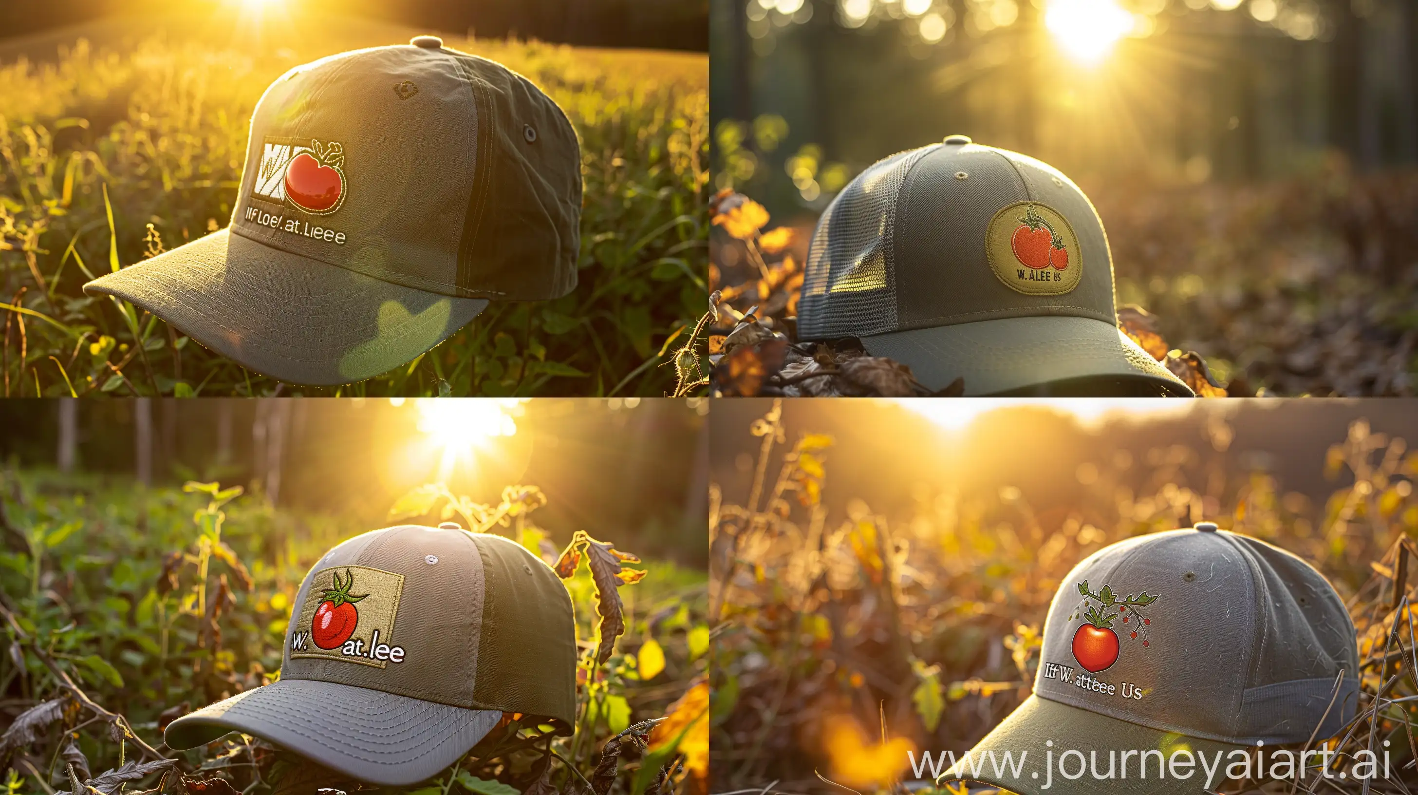 High detailed photo capturing a Vintage Trucker Hat - Olive. The sun, casting a warm, golden glow, bathes the scene in a serene ambiance, illuminating the intricate details of each element. The composition centers on a Vintage Trucker Hat - Olive. If you love us, where your heart on your hat! The 100% cotton tricolor trucker-style design in gray, birch and olive features a vintage-inspired W. Atlee us patch decorated with a plump red tomato. A plastic snap back closure ensures a comfy fit f. The image evokes a sense of tranquility and natural beauty, inviting viewers to immerse themselves in the splendor of the landscape. --ar 16:9 