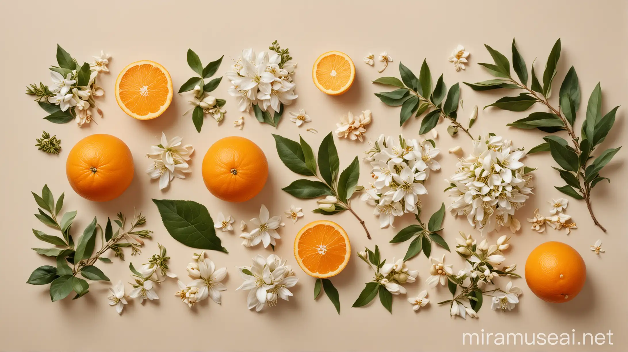 Aromatic Botanical Extracts Orange Blossom Bergamot Jasmine Vanilla Cedar on Light Beige Background
