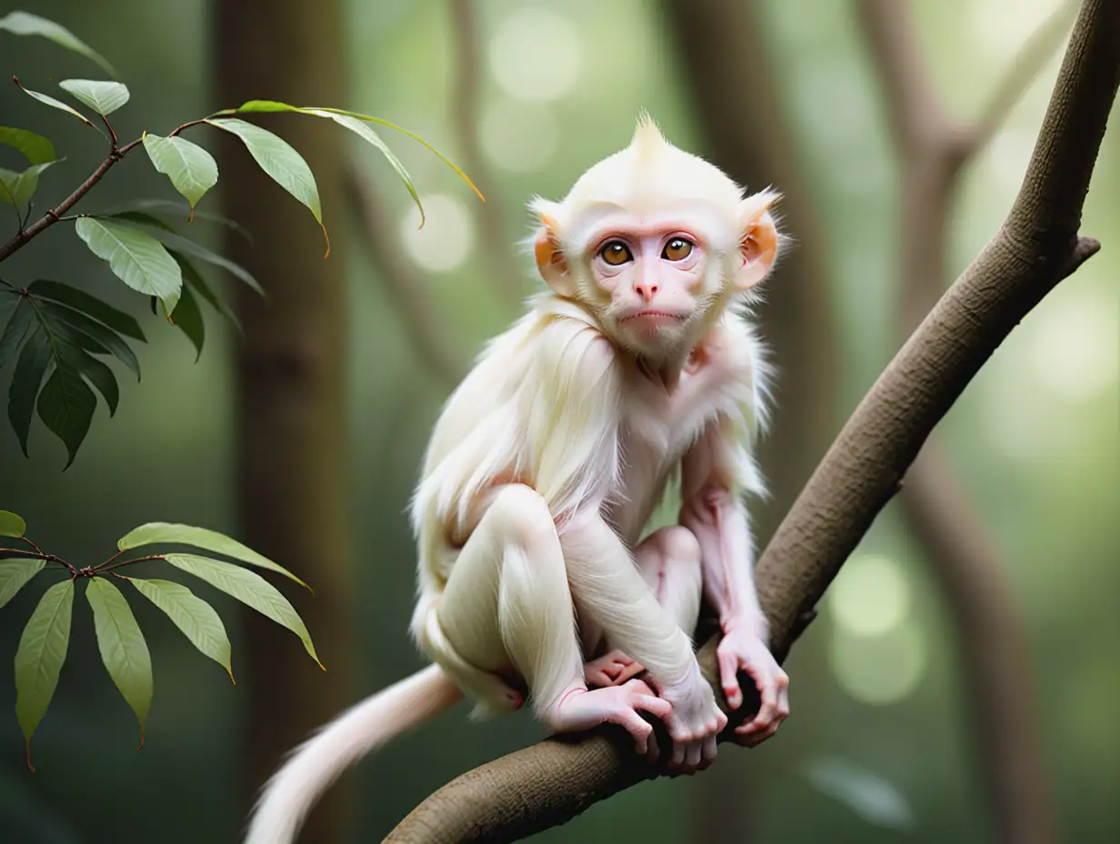 Albino Monkey Resting on Tree Branch in Autumn Forest