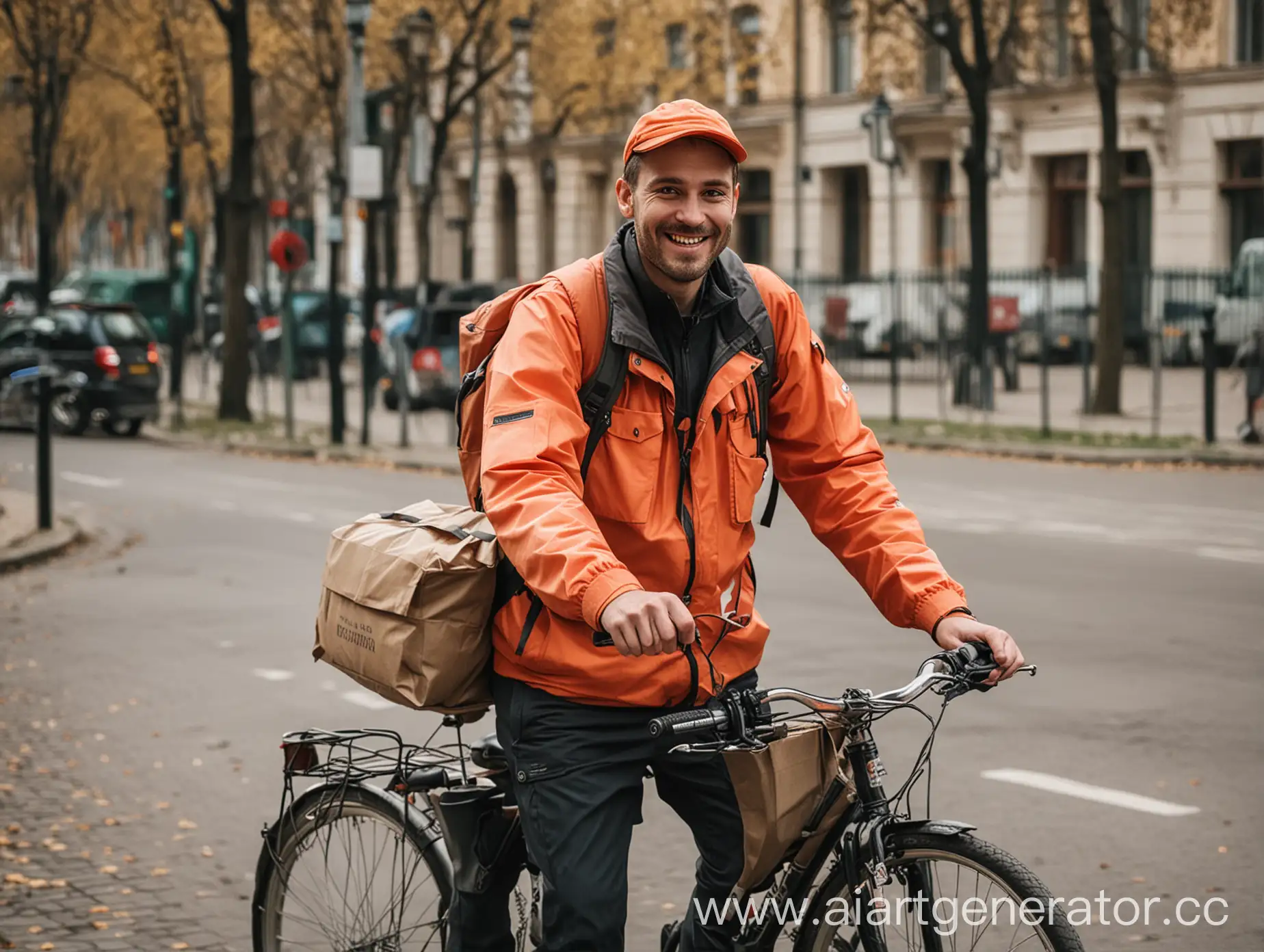 Сделай картинки курьера на велосипеде, который едет по дневной Москве в районе Патриарших прудов. Он улыбается и счастлив, что работает курьером. Одежда курьера должна быть обычной без логотипов.