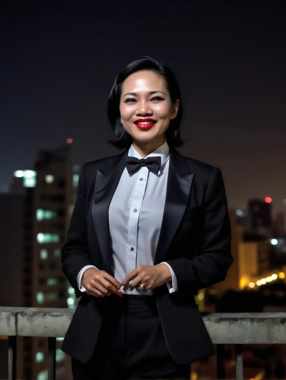 A pretty 40 year old Vietnamese woman with black shoulder length hair and red lipstick is standing on top of a building at night.  She is holding a small feather.  She is smiling a tight lipped grin.  She is wearing a tuxedo.  Her jacket is open.  Her shirt is white with a black bow tie.  Her cufflinks are large and black.  