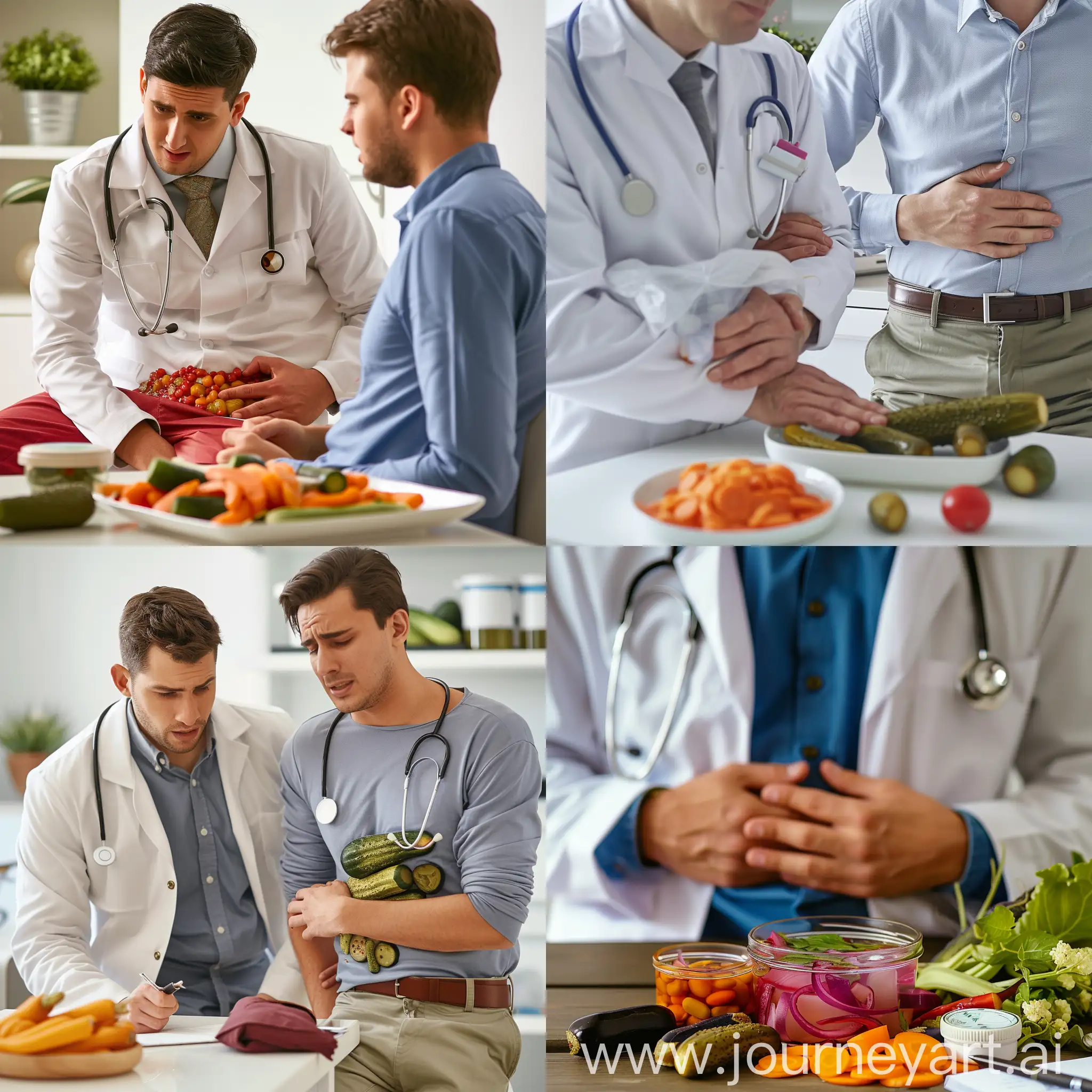 врач чидит у пациента больного, который держиться за живот, так как наелся квашенных и маринованных овощей, которые стоят рядом