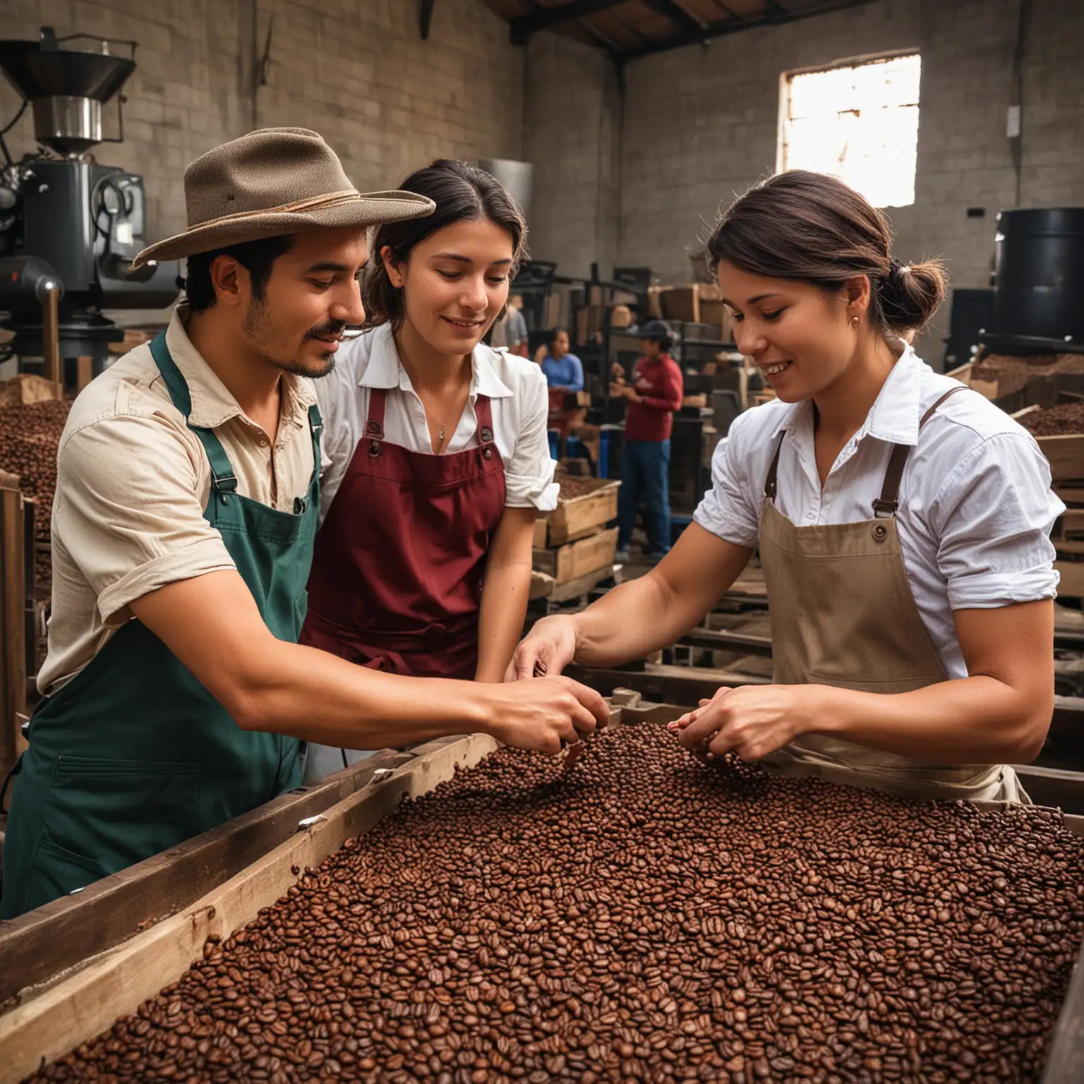 Show me a couple of colombian farmers carefully selecting coffee beans in a coffee warehouse. Show a coffee roaster machine by their side


