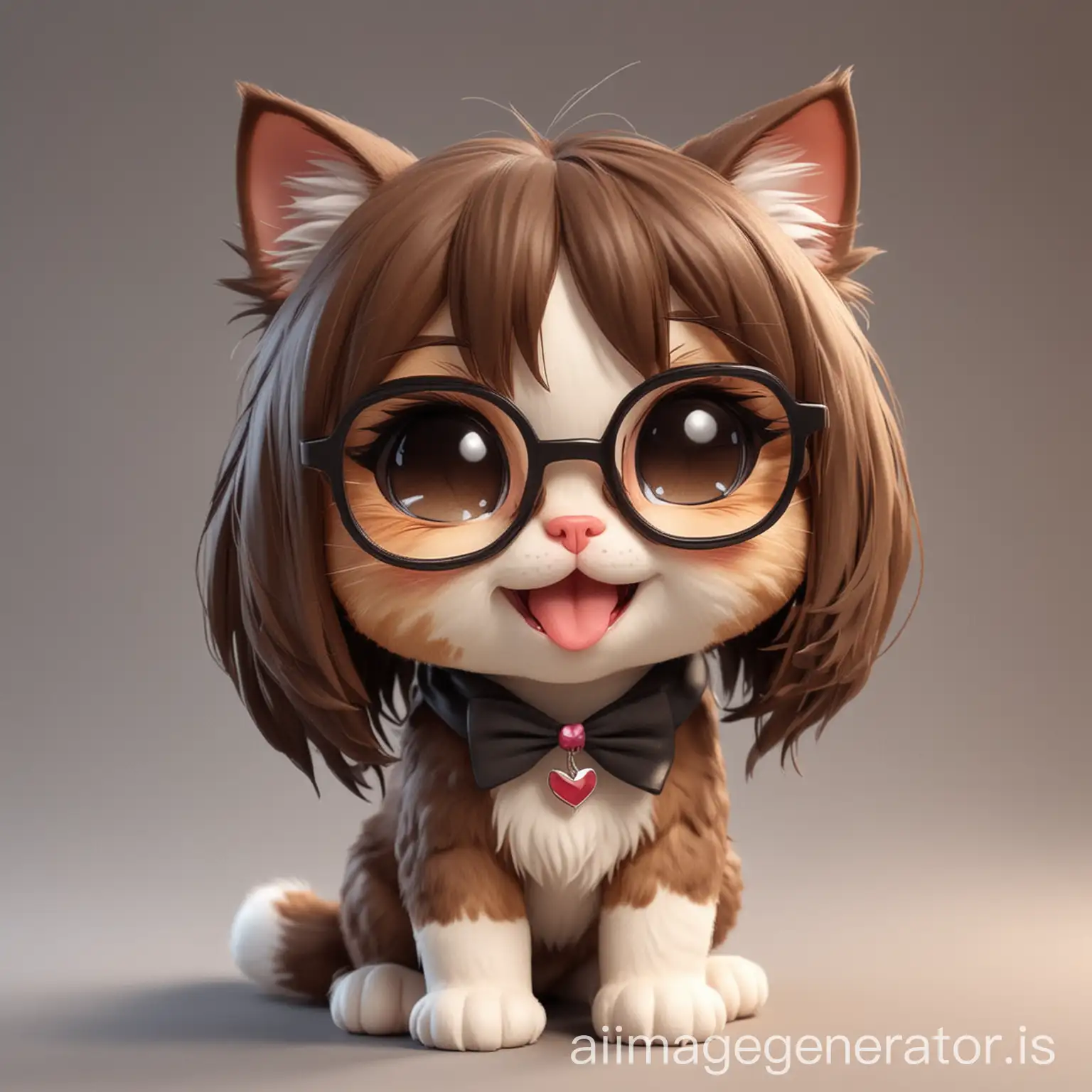 CHIBI CAT FEMALE BRUNETTE NOT REALISTIC MAKE HER SMILE WITH TONGUE OUT AND WEAR GLASSES