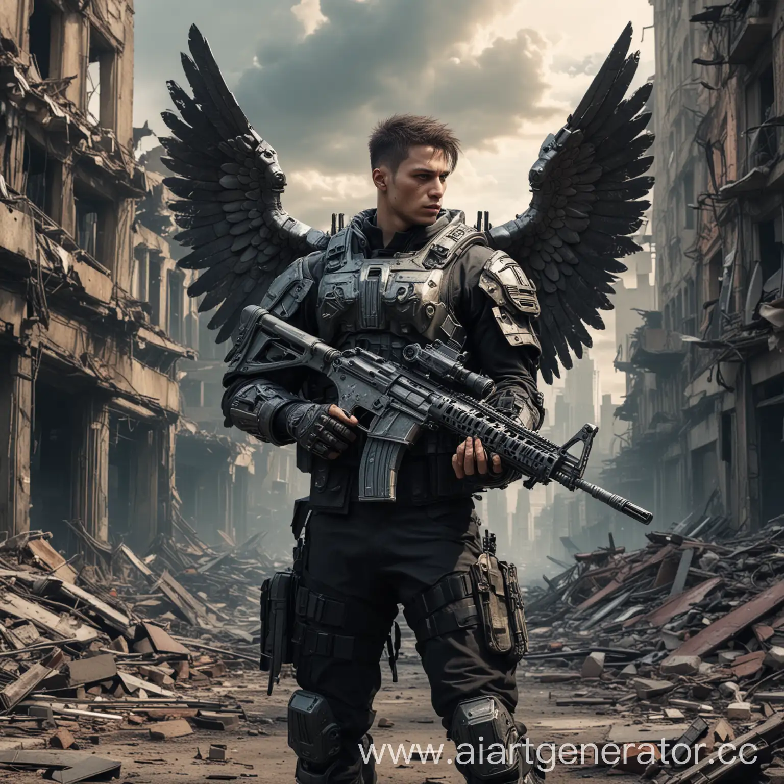 Archangel-Michael-defending-cyberpunk-city-ruins-with-automatic-rifle