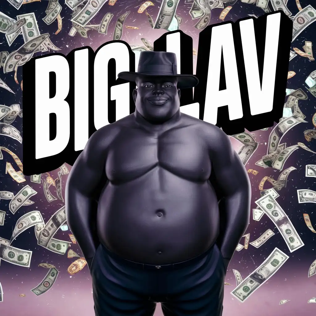 Толстый темнокожий мужчина, на фоне деньги и криптовалюта, за мужчиной большой текст BIG LAV