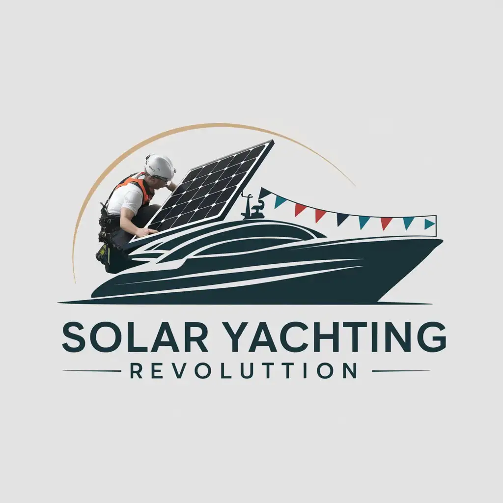 a logo design,with the text "SOLAR YACHTING REVOLUTION", main symbol:man installing solar panels on the top deck of a yacht,complex,clear background