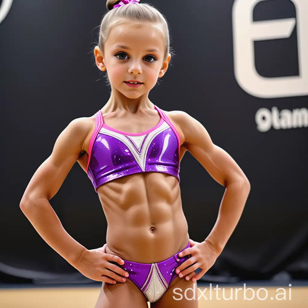 8 years old rhytmic gymnast girl, extremely muscular abs, showing belly, string swimsuit, six pack abs, defined abs and obliques