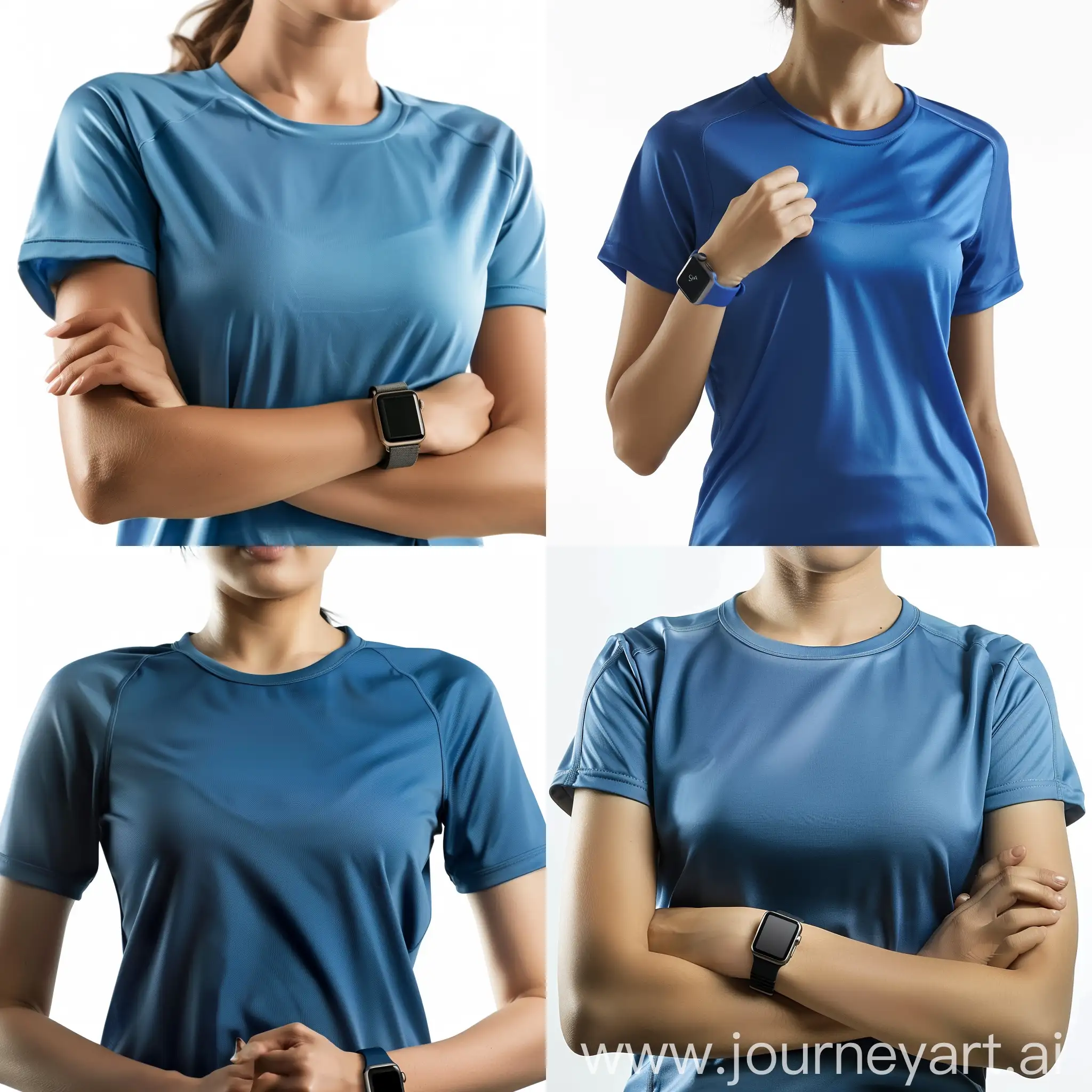Sports lady wearing apple watch, very realistic, blue t-shirt, while exercising, white background