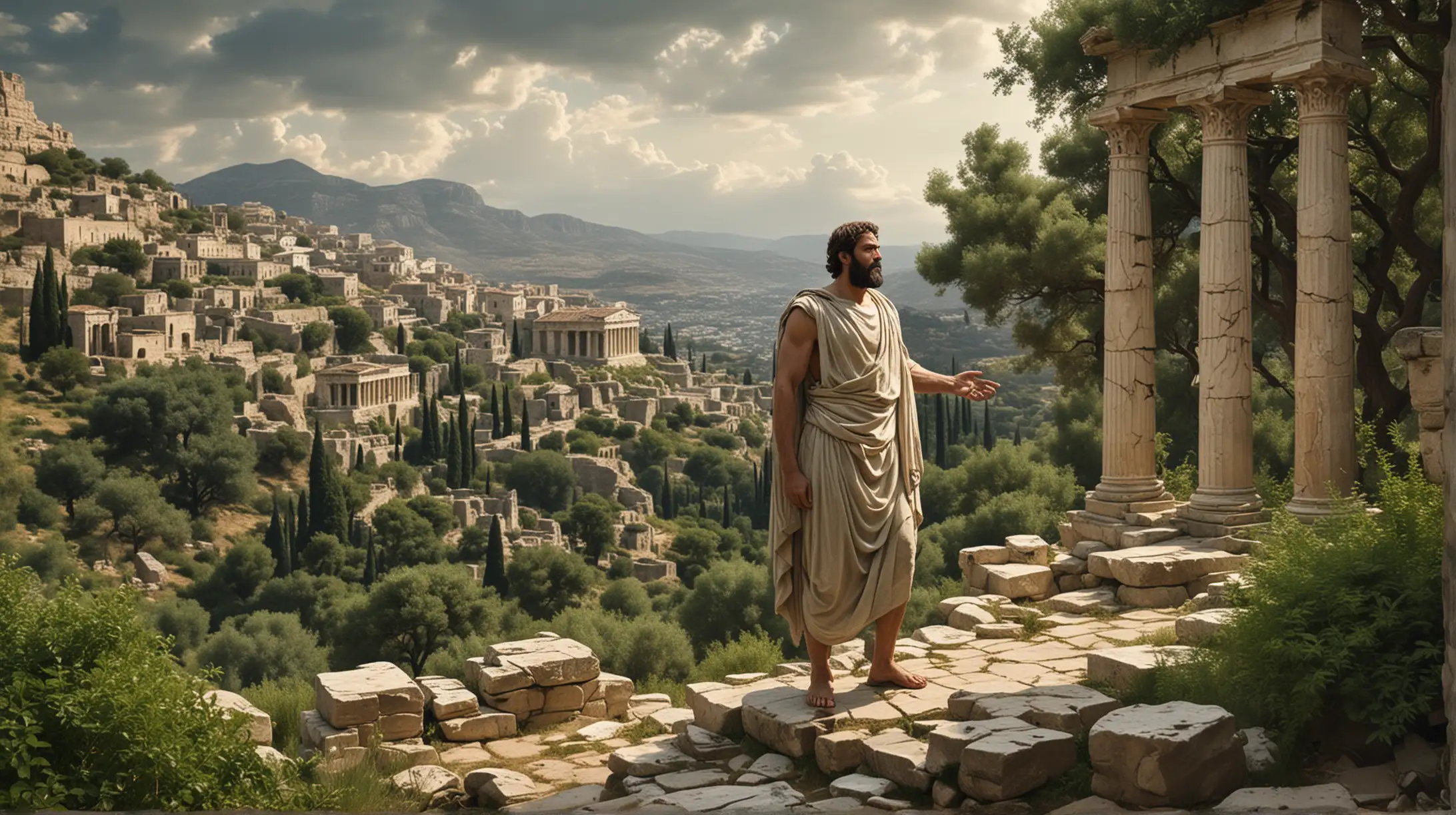 magine a serene scene with a Greek philosopher, standing tall and confident, surrounded by lush greenery and ancient ruins. He gestures with authority, emphasizing his points on Stoic principles in interpersonal relationships. Image Description: In this image, we see a realistic depiction of a Greek philosopher, possibly resembling Epictetus or Marcus Aurelius, standing amidst a picturesque landscape of verdant hills and crumbling columns. His physique exudes strength and wisdom, with a determined expression as he speaks passionately about Stoic ideals in relationships.