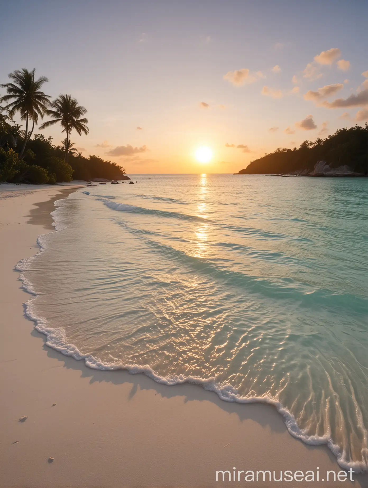 Sun rising over tropical white beach 