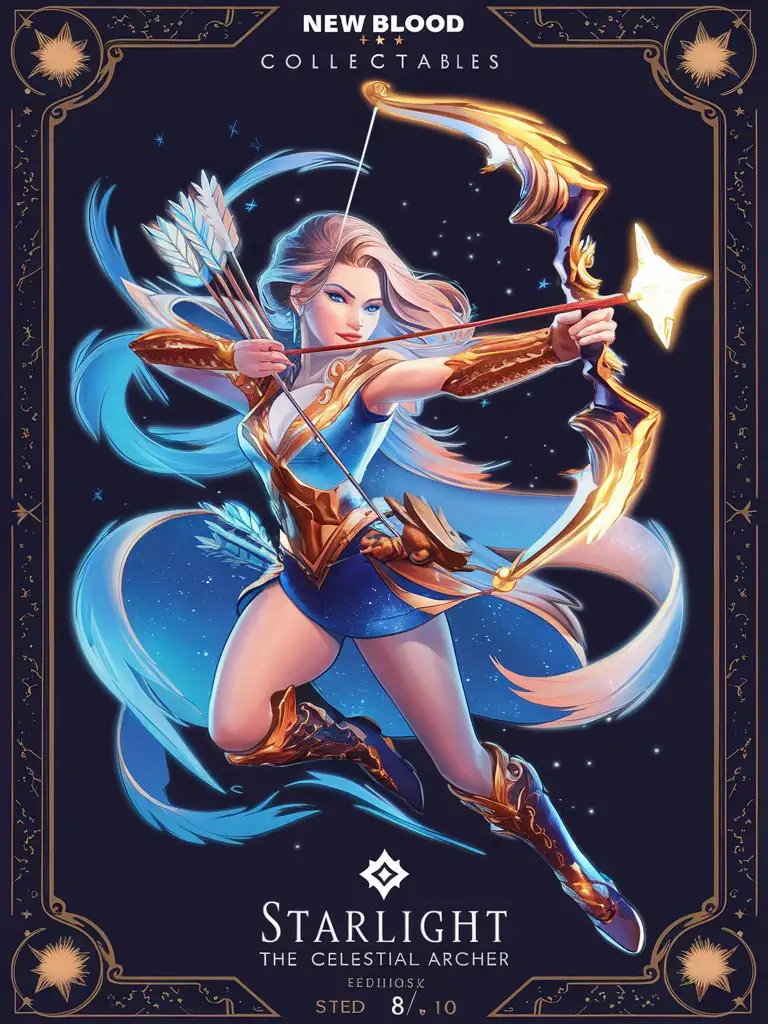 design a 8k card bold title: 'New Blood Collectables' featuring"Starlight, the Celestial Archer" the "Astralux" with a detailed 8k illustration, detailed border
Stats:
- Strength: 6/10
- Speed: 8/10
- Intelligence: 9/10
- Fear Factor: 7/10

Abilities:
- Starlight Arrows: Starlight shoots arrows infused with starlight, dealing massive damage to enemies.
- Celestial Shield: Starlight summons a shield of light, absorbing damage and protecting allies from harm.
- Stellar Dash: Starlight dashes quickly, leaving a trail of starlight that deals damage to enemies.
- Galactic Blast: Starlight unleashes a blast of energy that deals massive damage to enemies in the area.

Description: Starlight is a celestial archer who harnesses the power of stars and light to vanquish her foes and protect the innocent.
