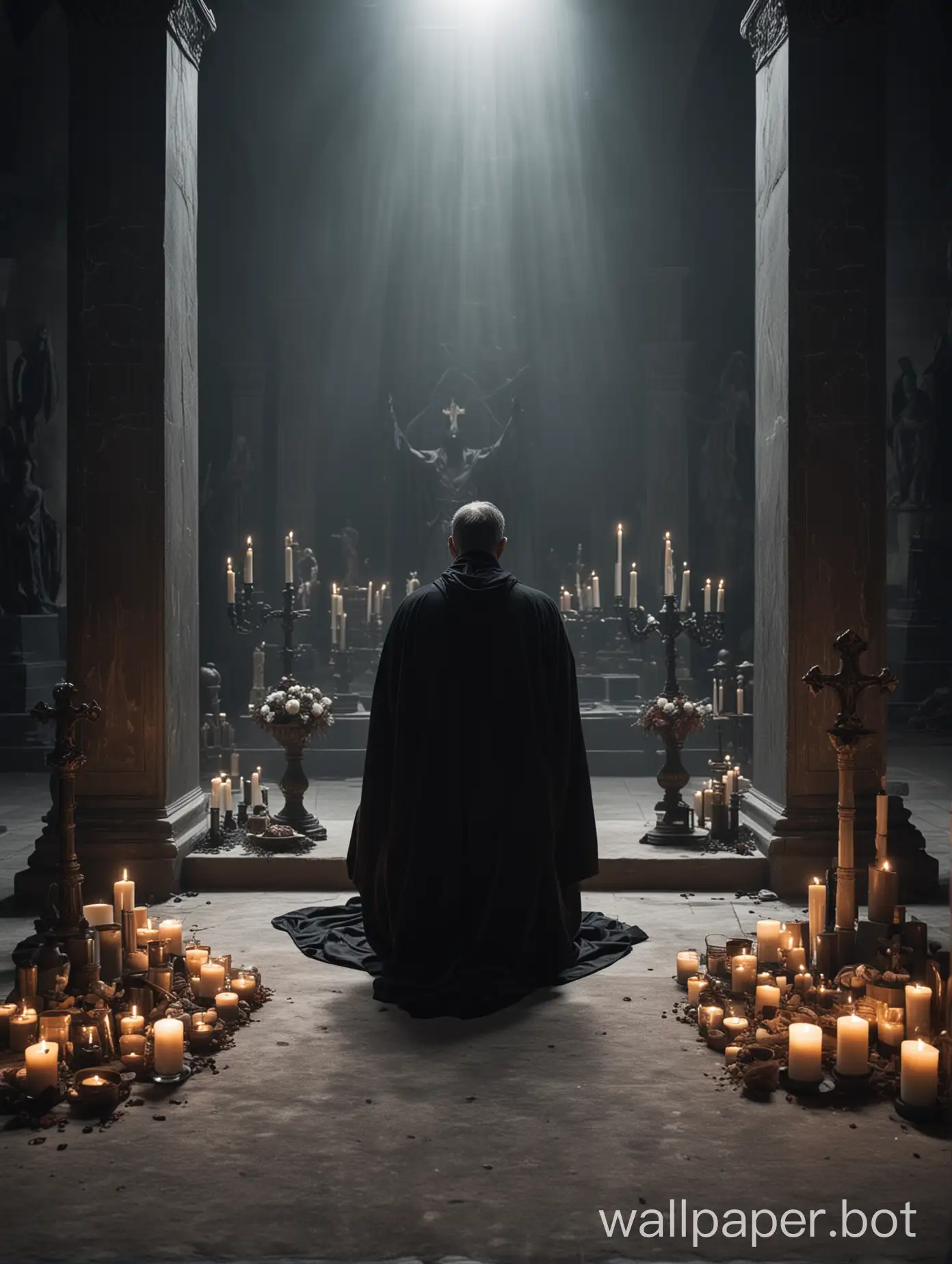 a man in a black robe kneels in front of an altar , must be a light , dead souls are everywhere , 