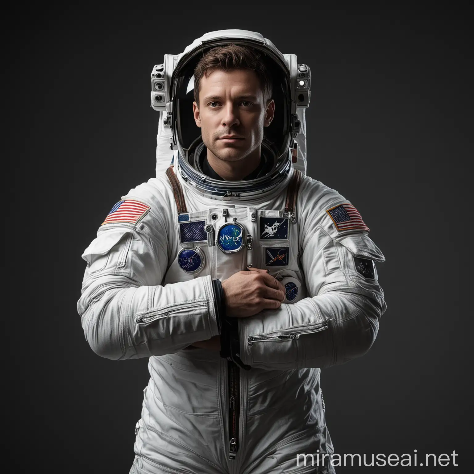 A hyper realistic photo of an astronaut on a white uniform standing majestically, folding his arms, on a black studio background 