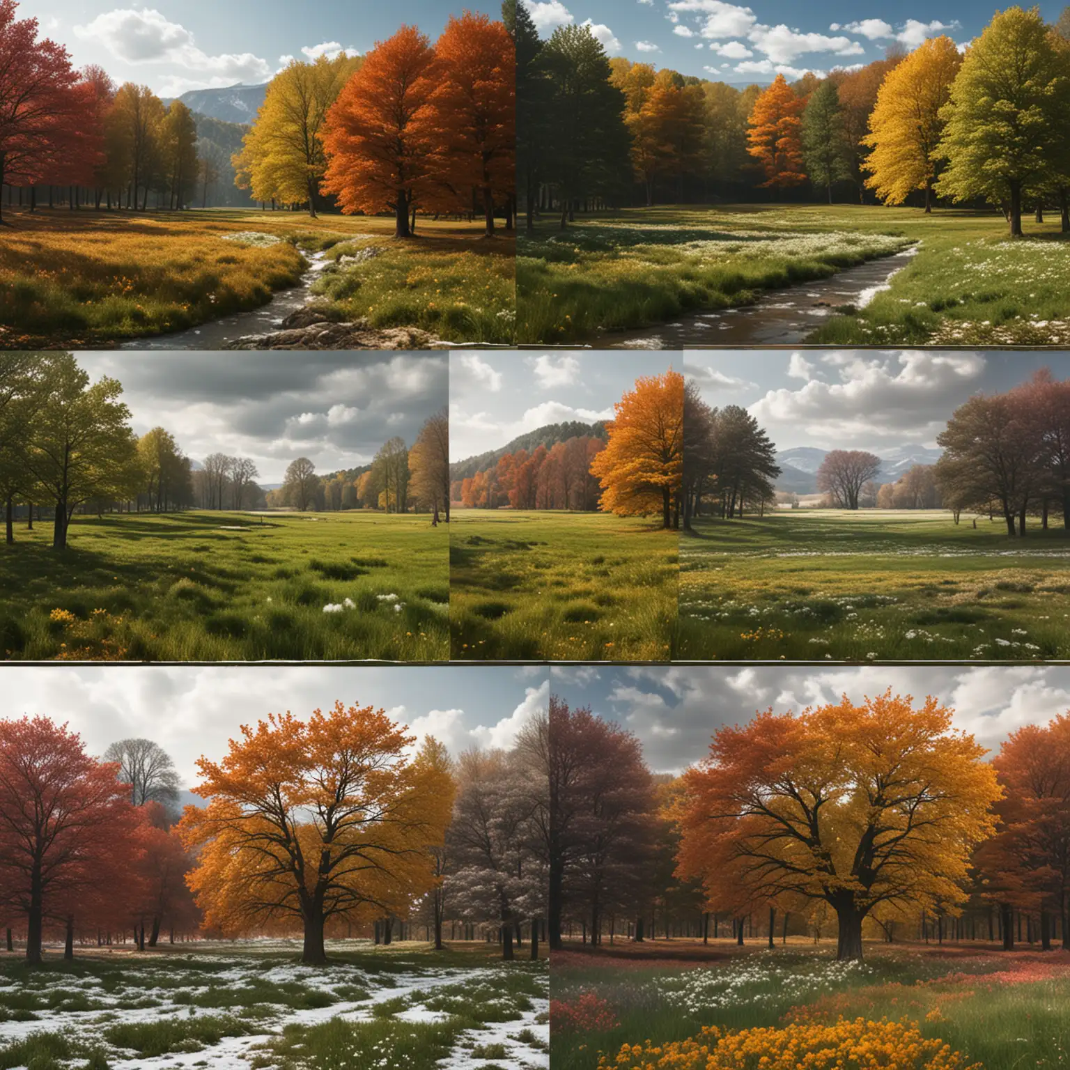 生成一张包含四季景色的图片，图片切分为左上、左下、右上和右下四个区域，每个区域展示一个季节的景色，相邻区域的景色要很好的融合，不要太割裂