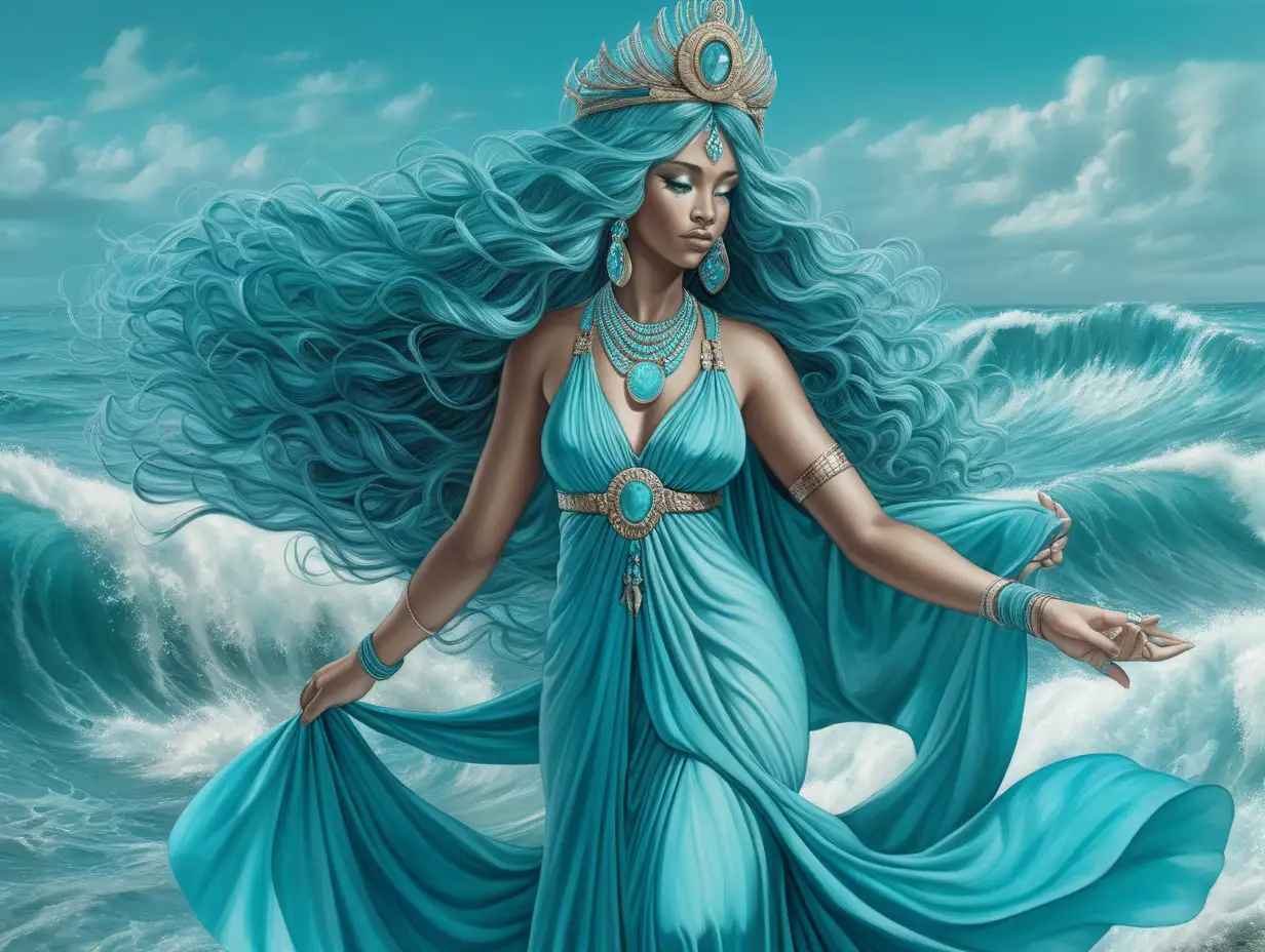 Лооланбу - богиня хранительница вод мудрая женщина в полный рост в струящемся бирюзовом платье с сапфировом ожерелье с длинными аквамариновыми волосами с диадемой идёт по волнам  океана. детализированное изображение