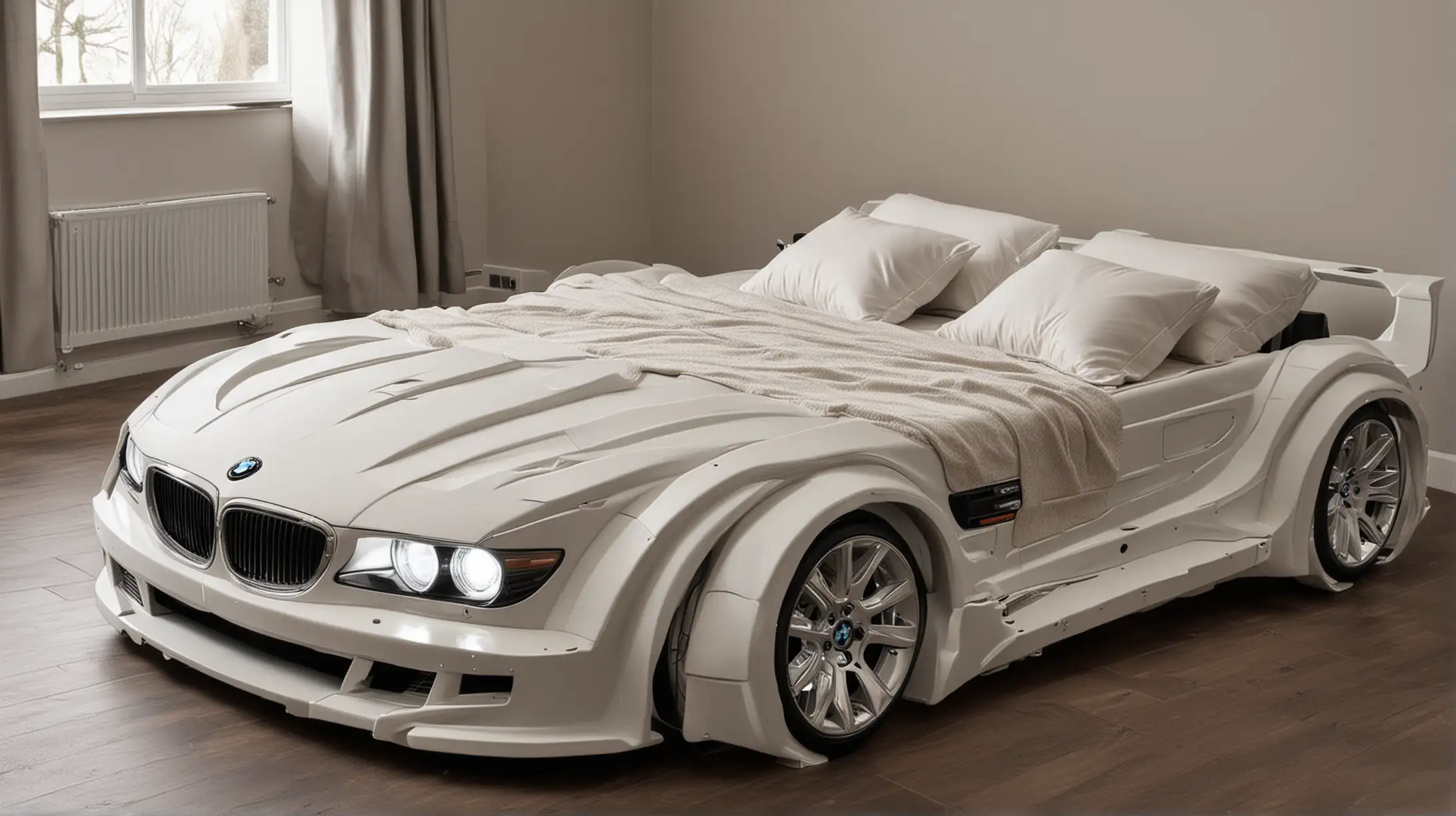 Luxurious Double Bed Shaped like a BMW Car with Illuminated Headlights