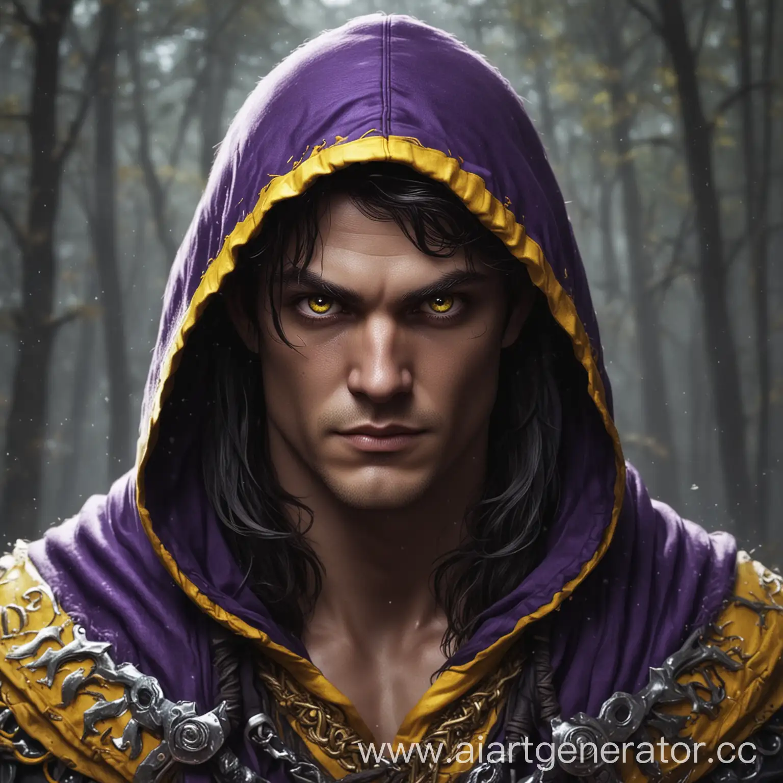 druid male, athletic build, purple, black, brunette, dark purple, yellow, bright yellow, hood, eyes