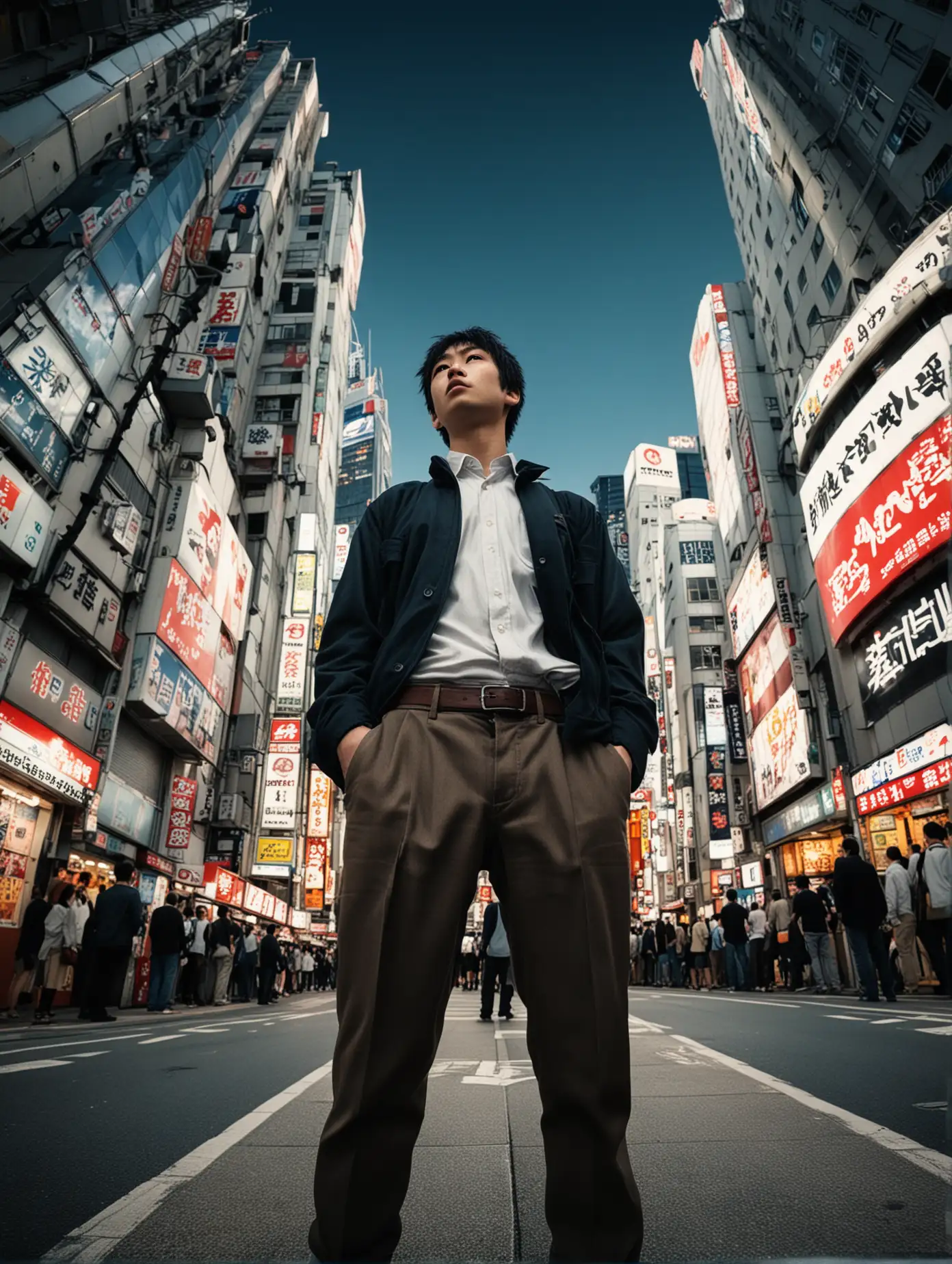 "Visualize a captivating moment unfolding in the vibrant streets of Akihabara, where a young man stands confidently, his hands casually tucked into his pockets as he gazes directly towards the camera. Capture the scene from a very low-angle viewpoint, with the towering buildings towering overhead. Employ a fish-eye effect lens to distort the surroundings, amplifying the energy of the bustling streets and emphasizing the charismatic presence of the central figure."