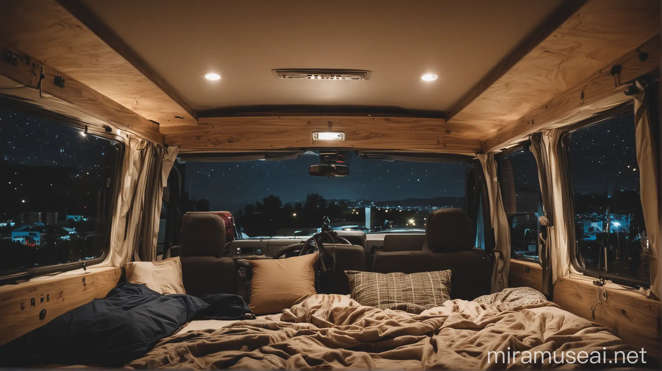 Interior mobil campervan dengan jendela lebar di malam hari 