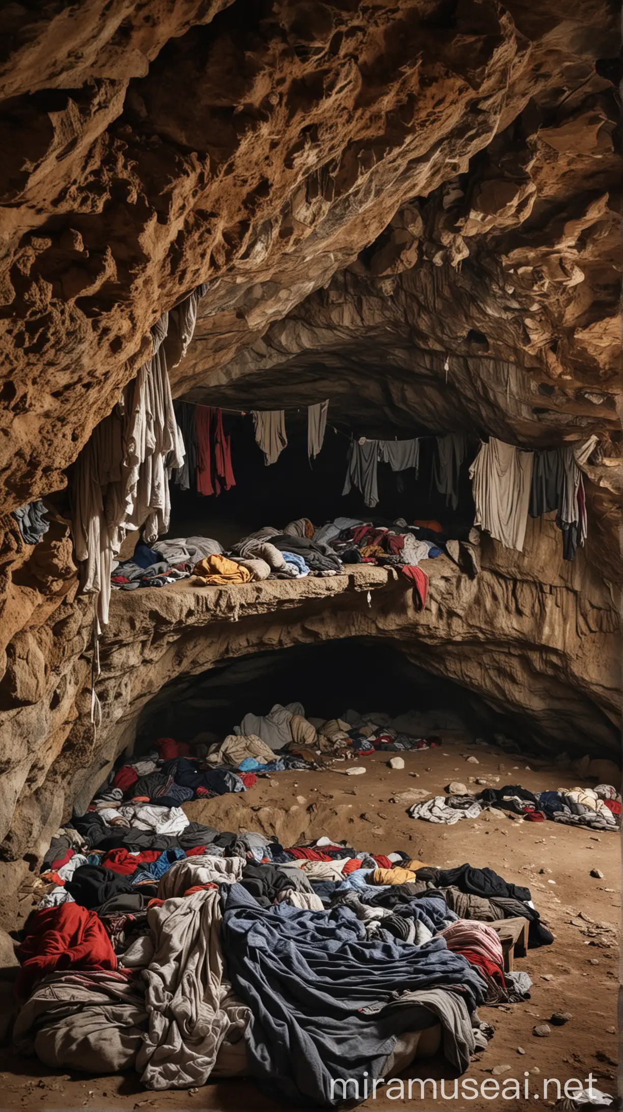 The scene of the youths sleeping in the cave, covered with old and dusty clothes.
