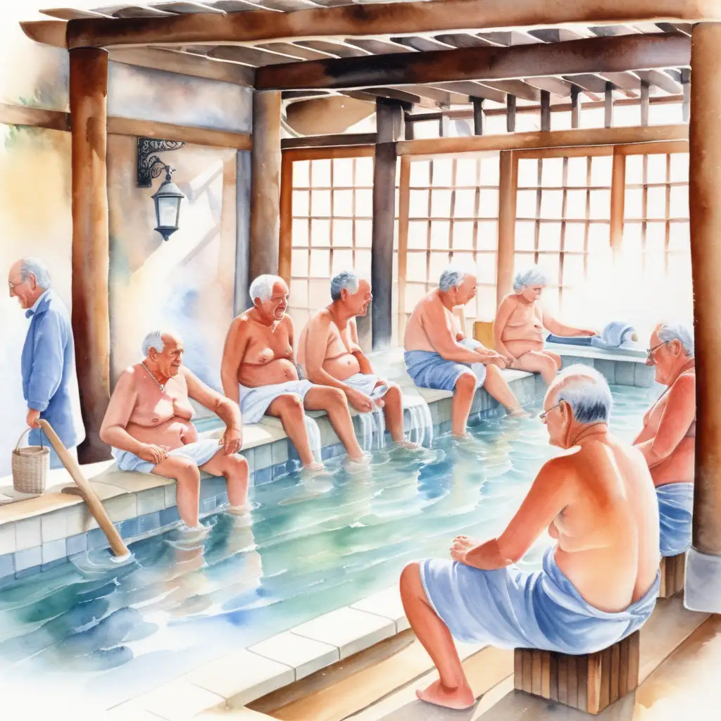 Ett badhus, några pensionärer , I vattenfärg 