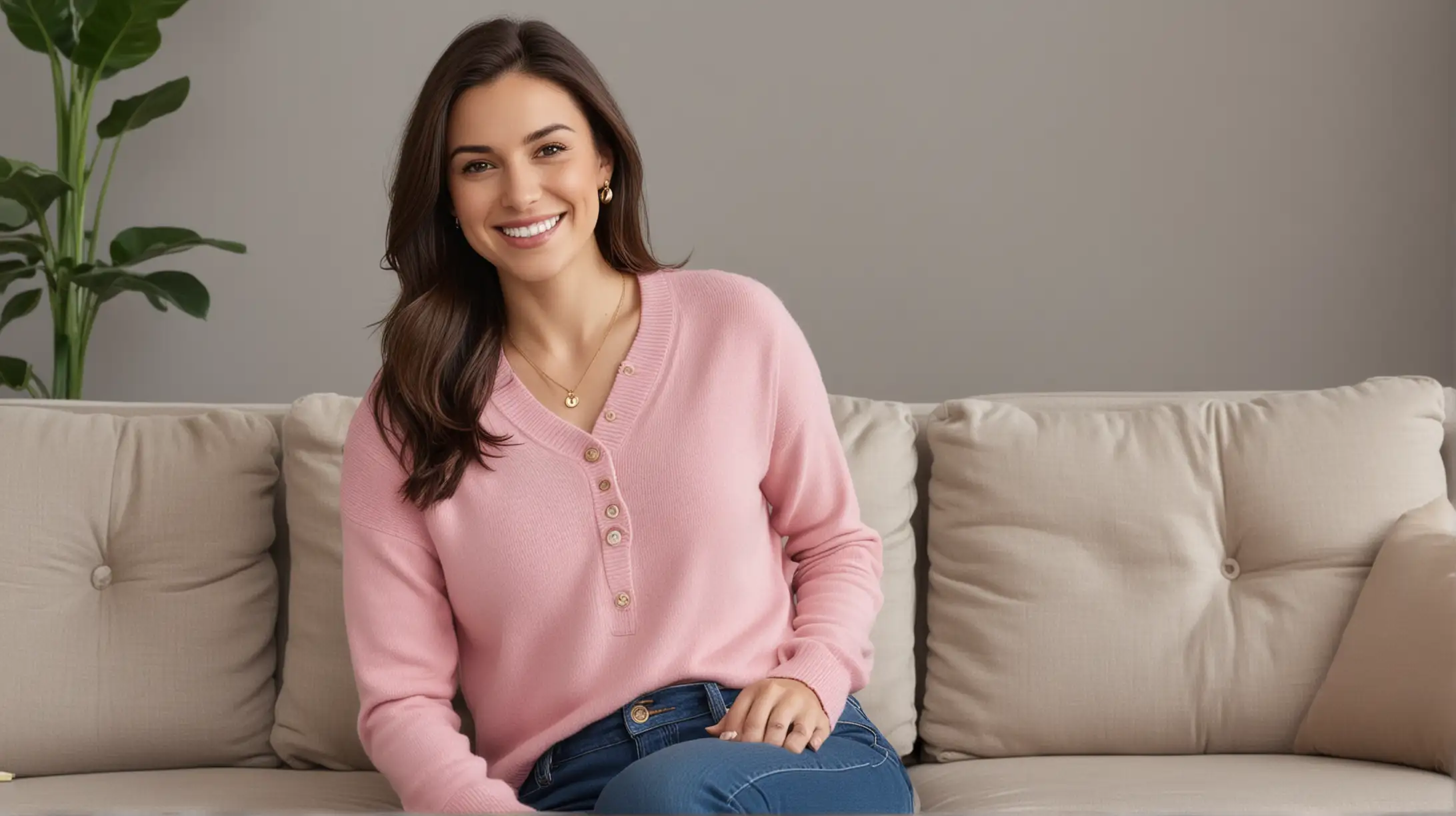 30 year old smiling white woman with long dark brown hair parted right wearing a simple gold necklace, pink button up sweater, blue jeans, sitting on a gray couch, modern apartment background