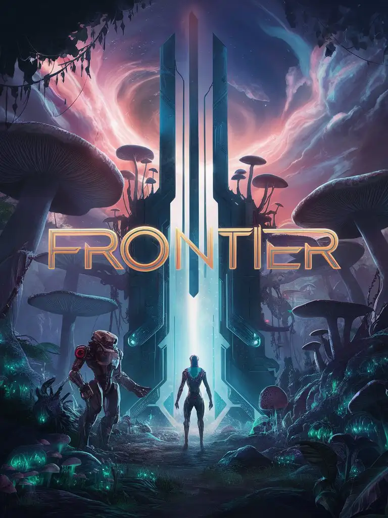 STYLIZED GAME ART WITH LOGO ONLY "FRONTIER" LOOMING mushrooms, alien, sky, jungle planet, sci-fi rpg, PORTAL, SENTINEL WARDEN