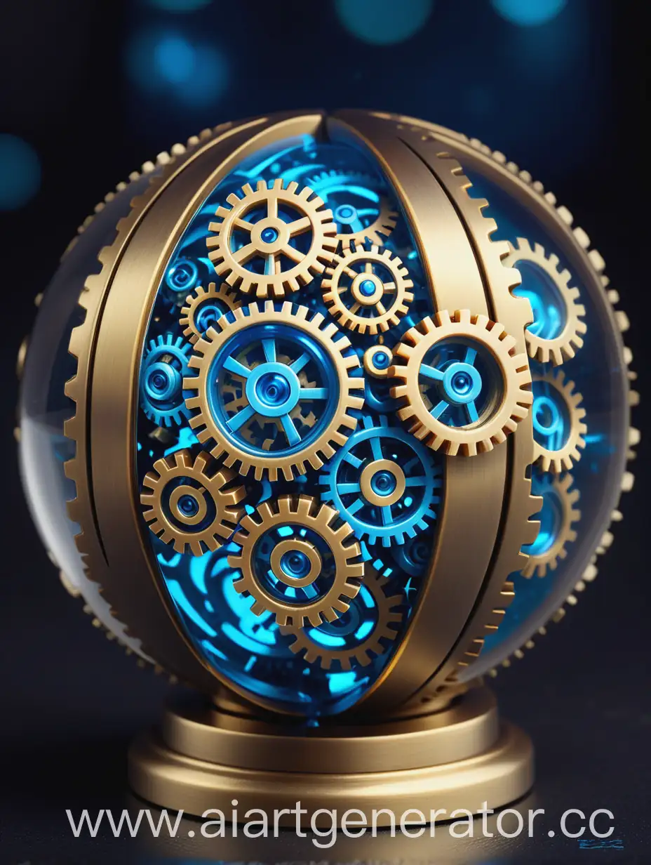 Маленький механический шар с большим количеством маленьких шестерёнок полупустой внутри медного цвета с синим магическим свечением внутри.