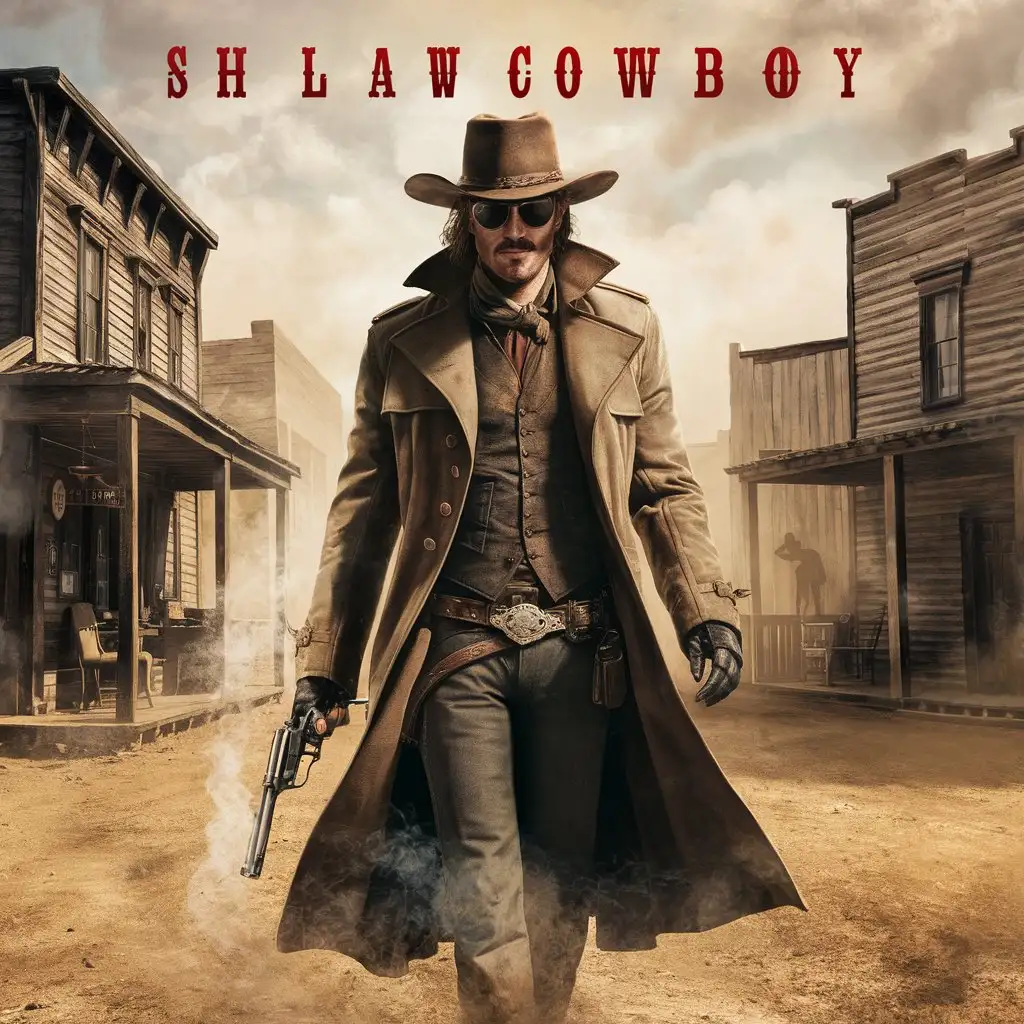 outlaw cd cover with cowboy man wearing a trench coat with a cowboy hat on in the middle of a western town