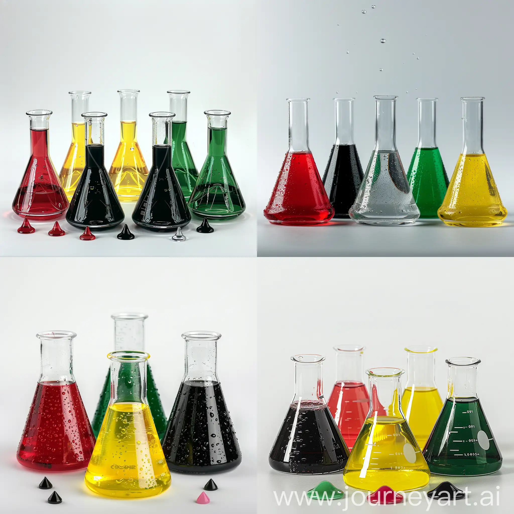Five in each one: water of a different color: red, yellow, green, black and pink Laboratory Glassware Borosilicate glass flask flat bottom conical flask with narrow neck And laboratory drops on it
