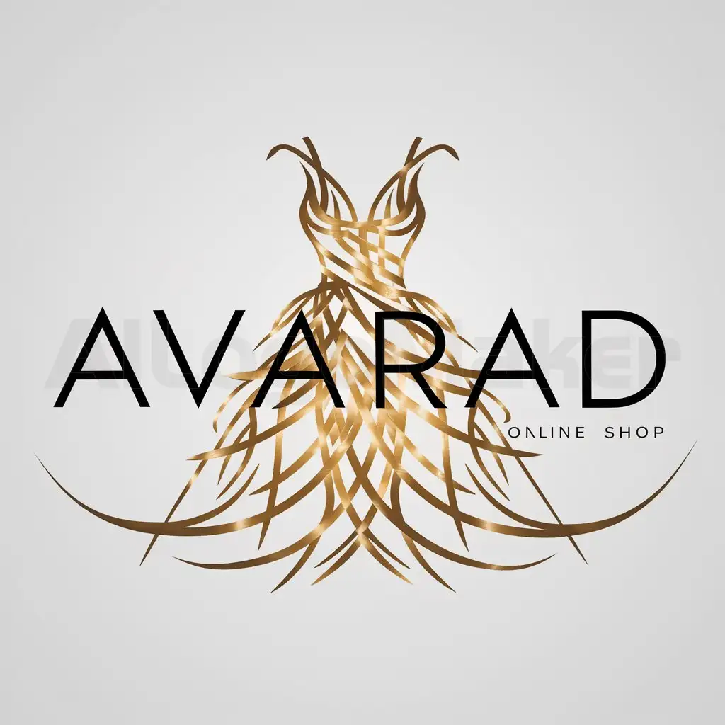 a logo design,with the text "avarad", main symbol:a dress gold color text online shop,complex,clear background