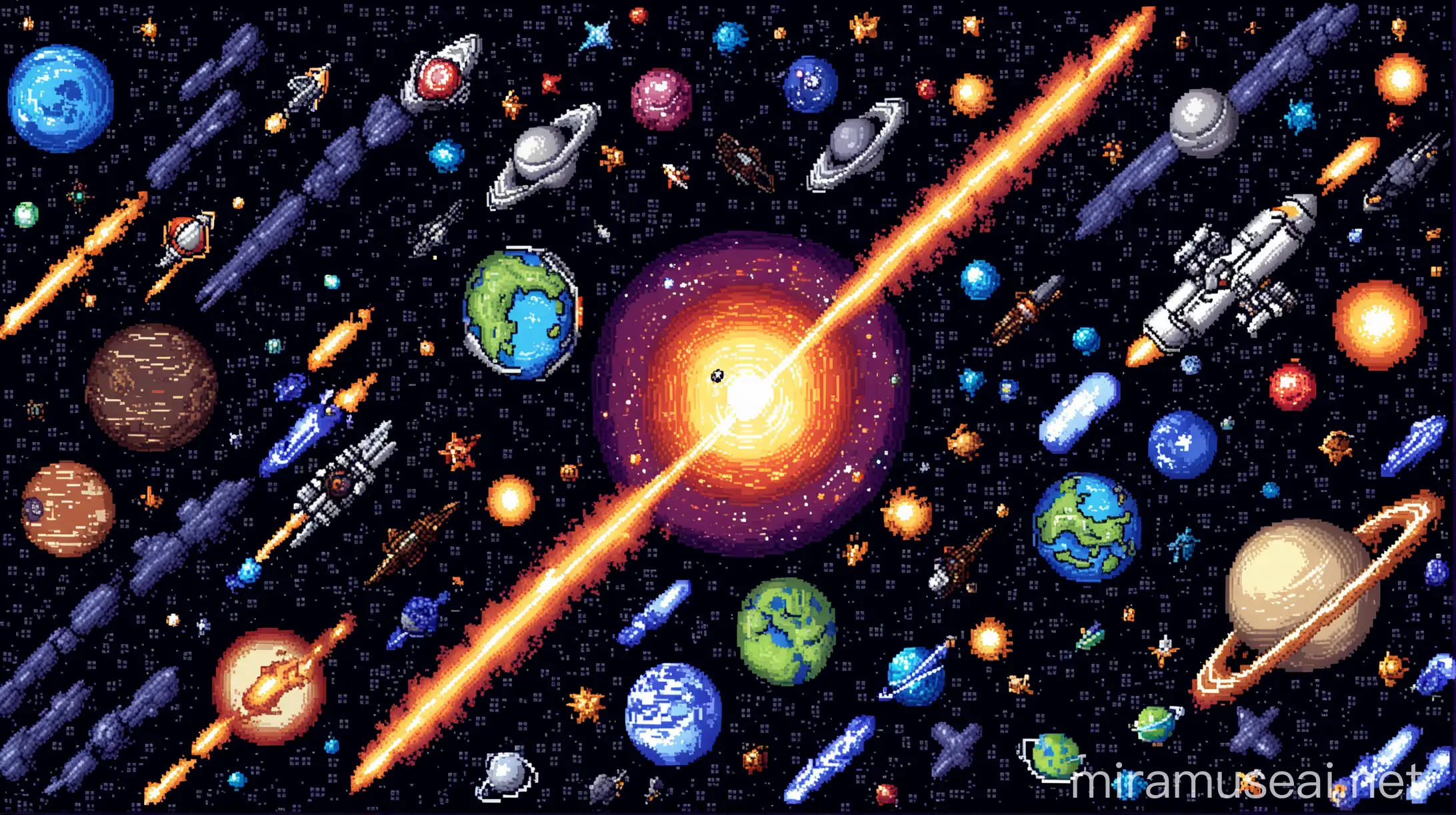 generate a 1920x1080 image in space galaxy with some meteors spaceships planets and use pixelart. I need the image as a game menu background