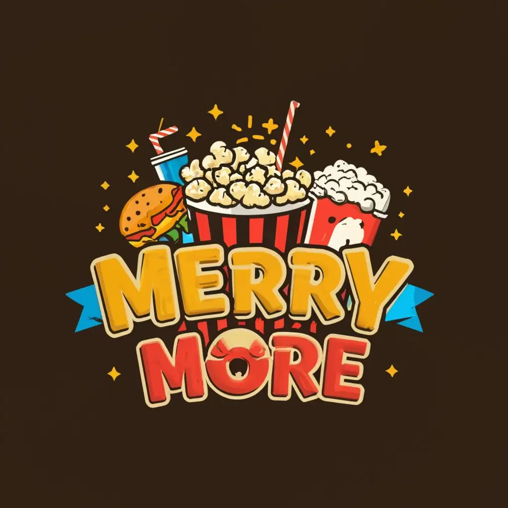 a logo design,with the text "Merry More", main symbol:Popcorn, cold drinks, 
burgers, french fries, nachos etc snacks,complex,be used in Entertainment industry,clear background