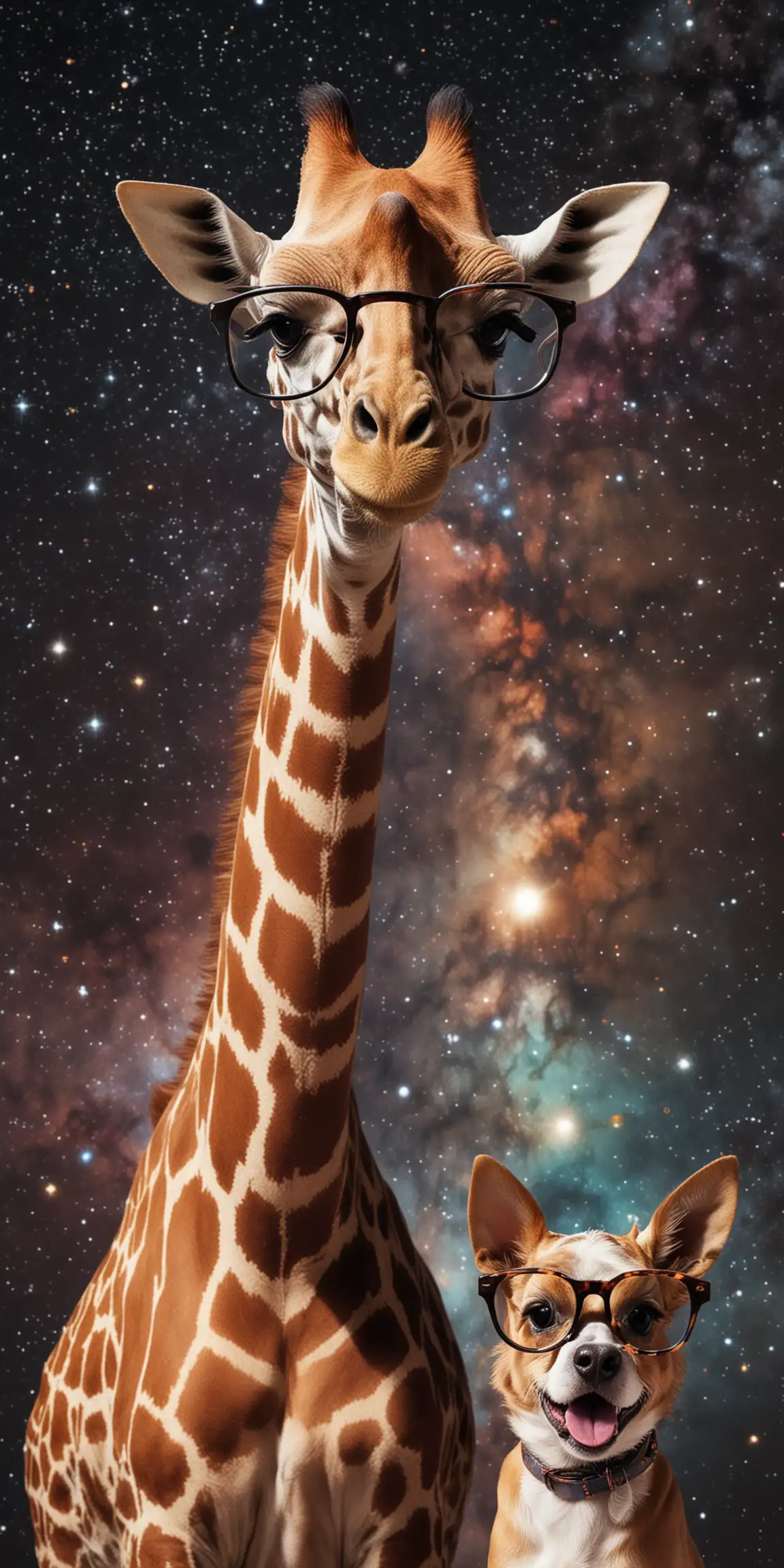 Giraffe with Glasses and Dog in Outer Space