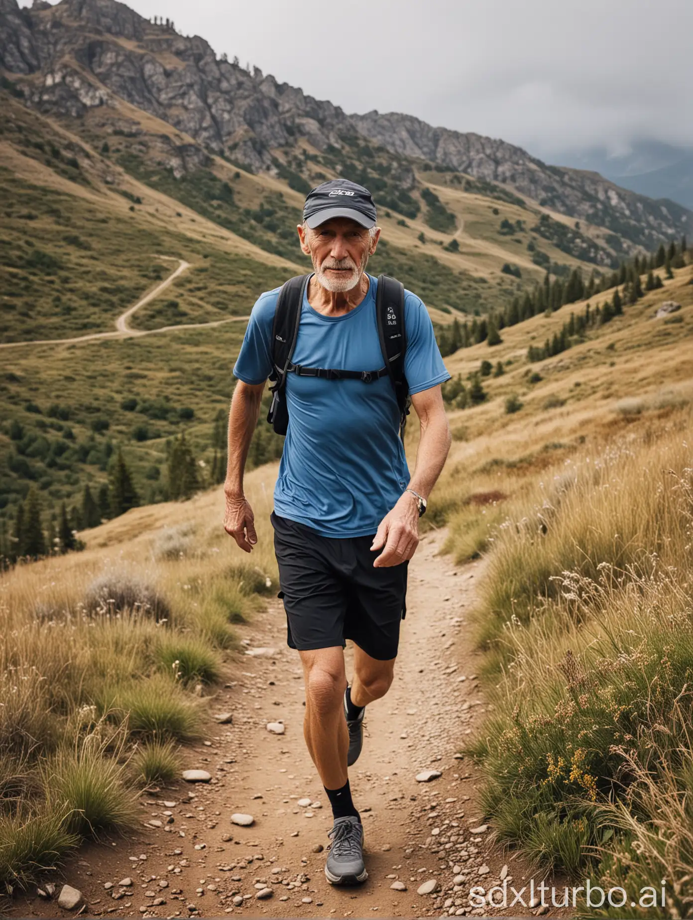 73-jähriger fitter Trailläufer in den Bergen, Mann
