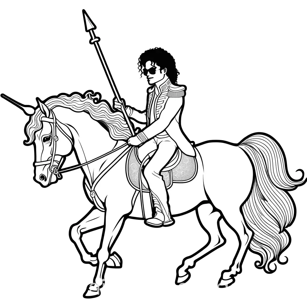 michael jackson on a unicorn, Coloring Page, black and white, line art, white background, Simplicity, Ample White Space. The background of the coloring page is plain white to make it easy for young children to color within the lines. The outlines of all the subjects are easy to distinguish, making it simple for kids to color without too much difficulty