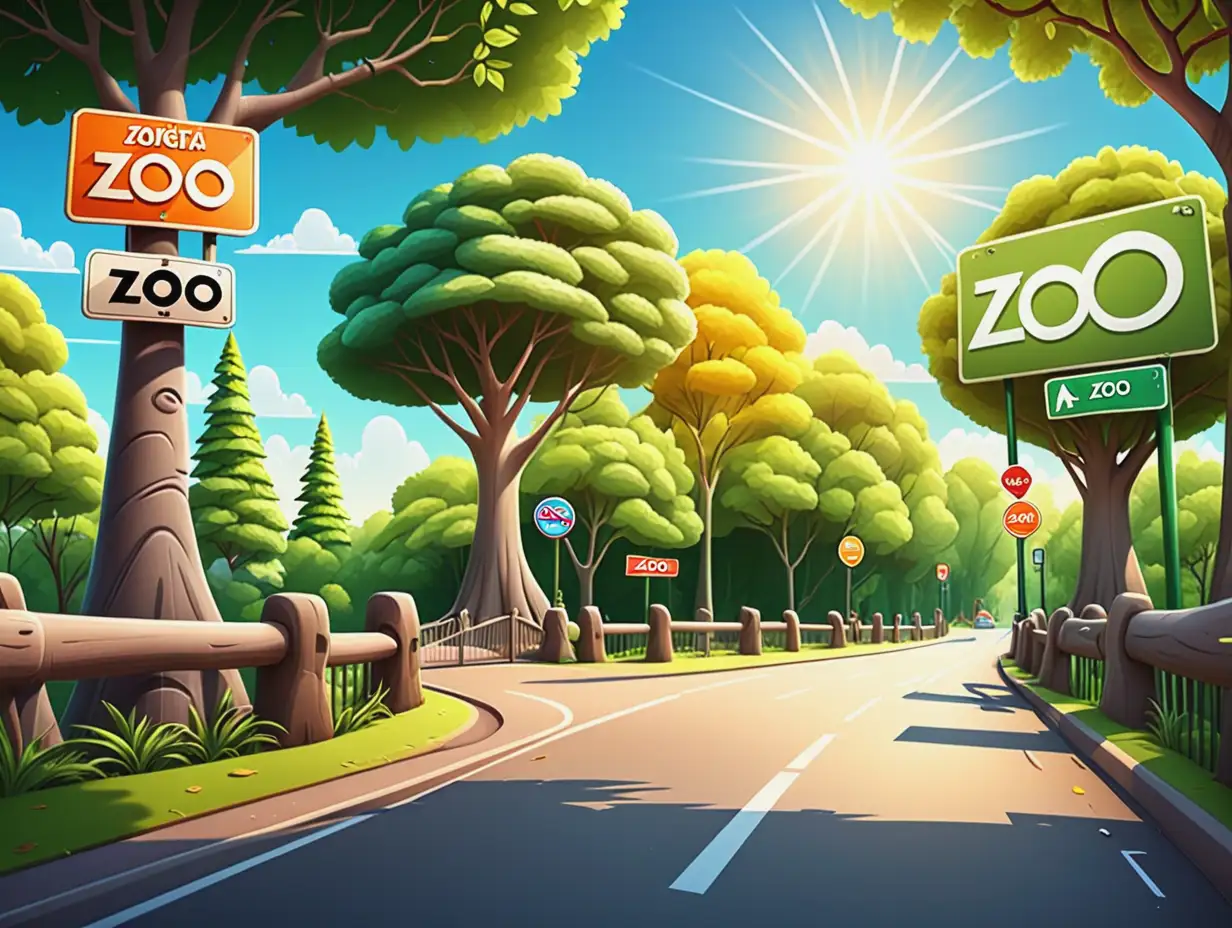 cartoon road with beautiful trees and bright sunny sky and a sign that says zoo