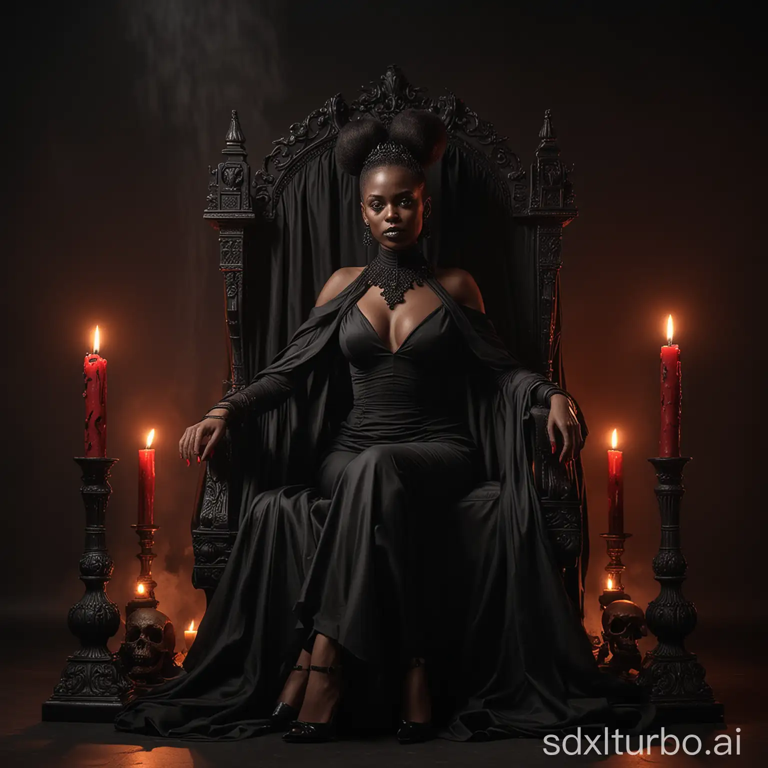 an imposing black woman sitting elegantly on a luxurious black throne. Her hair is styled in a bun and she exudes an air of authority. She wears a striking black outfit, complete with high-necked black cape and high heels, further accentuating her majestic presence. Two skulls with burning red candles on top rest ominously on either side of it, casting a mysterious yet fascinating shadow. The atmosphere is enchanting, evoking feelings of ancient wisdom, power and mystique