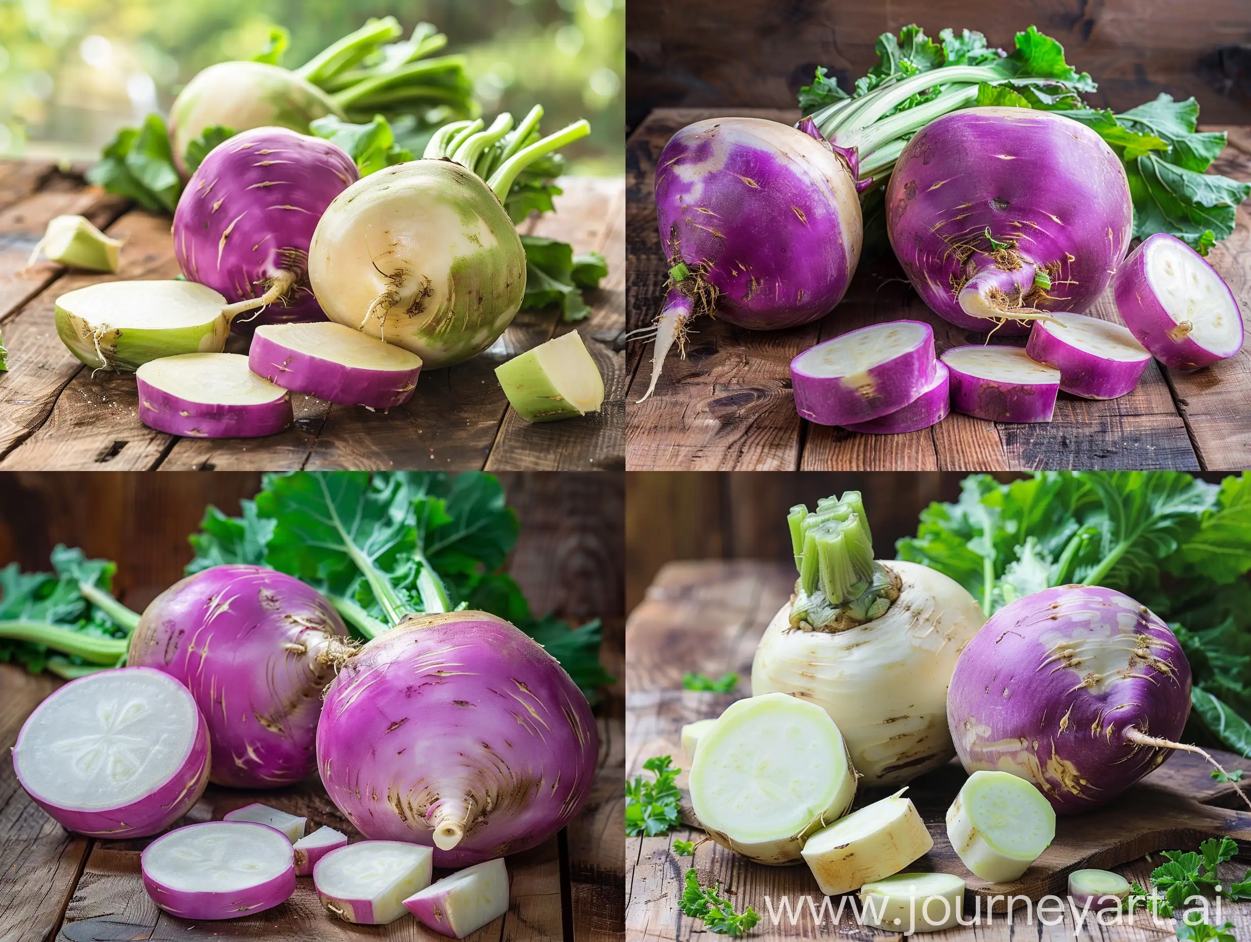 Real photo of turnip with cut pieces on wooden table with beautiful background
