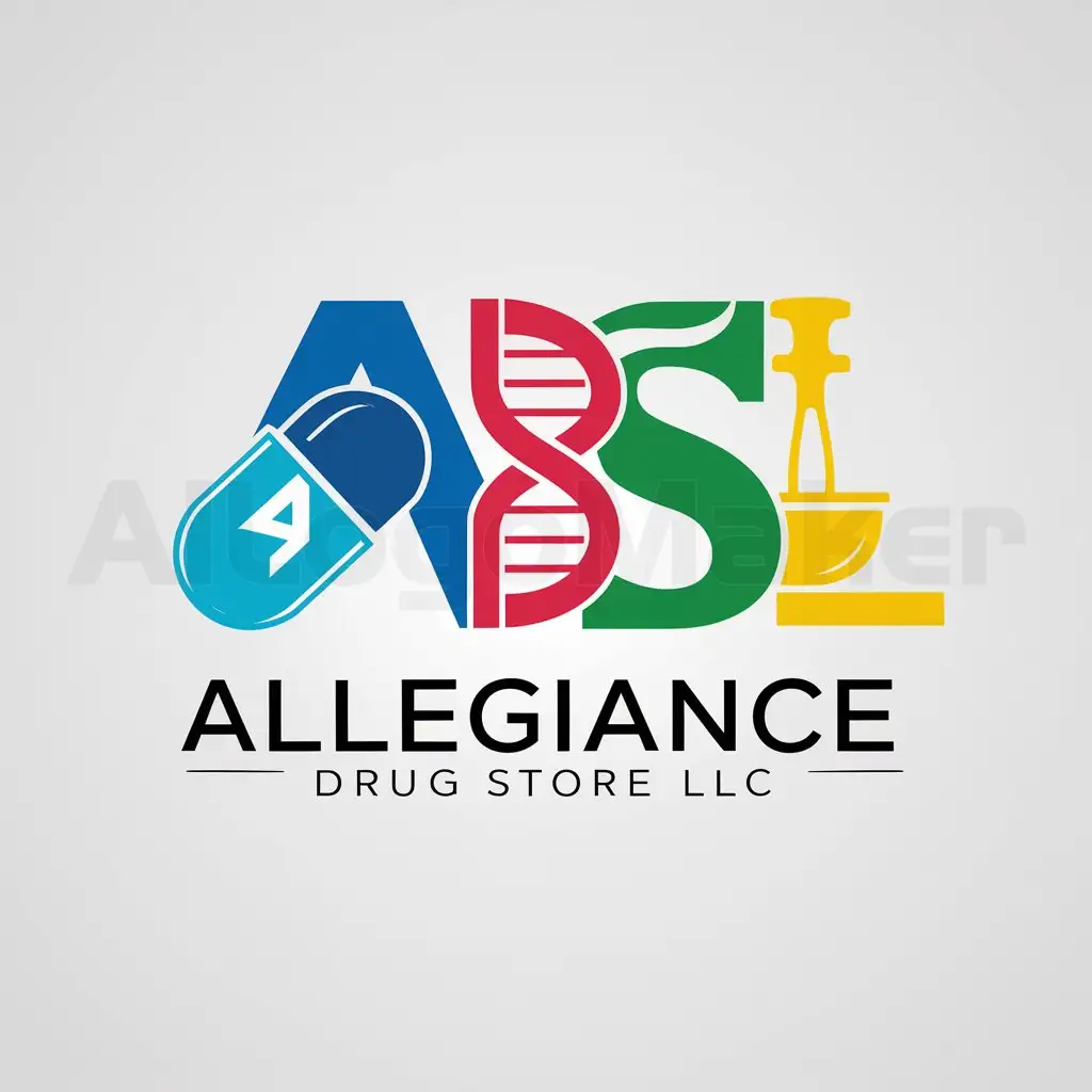 a logo design,with the text "Allegiance Drug Store LLC", main symbol:alphabets A, D, S and L, with alphabets having some pharma element like pill or tablet. give me option with only letter A having pharma element or multiple letters,complex,be used in pharmacy industry,clear background