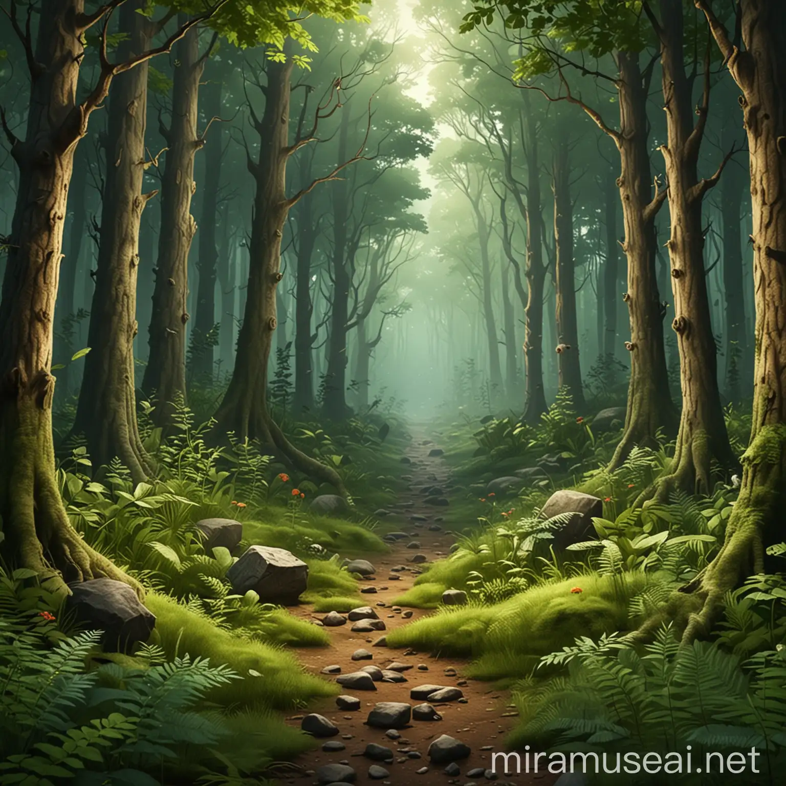 Forest Scene with Animals and Lush Greenery