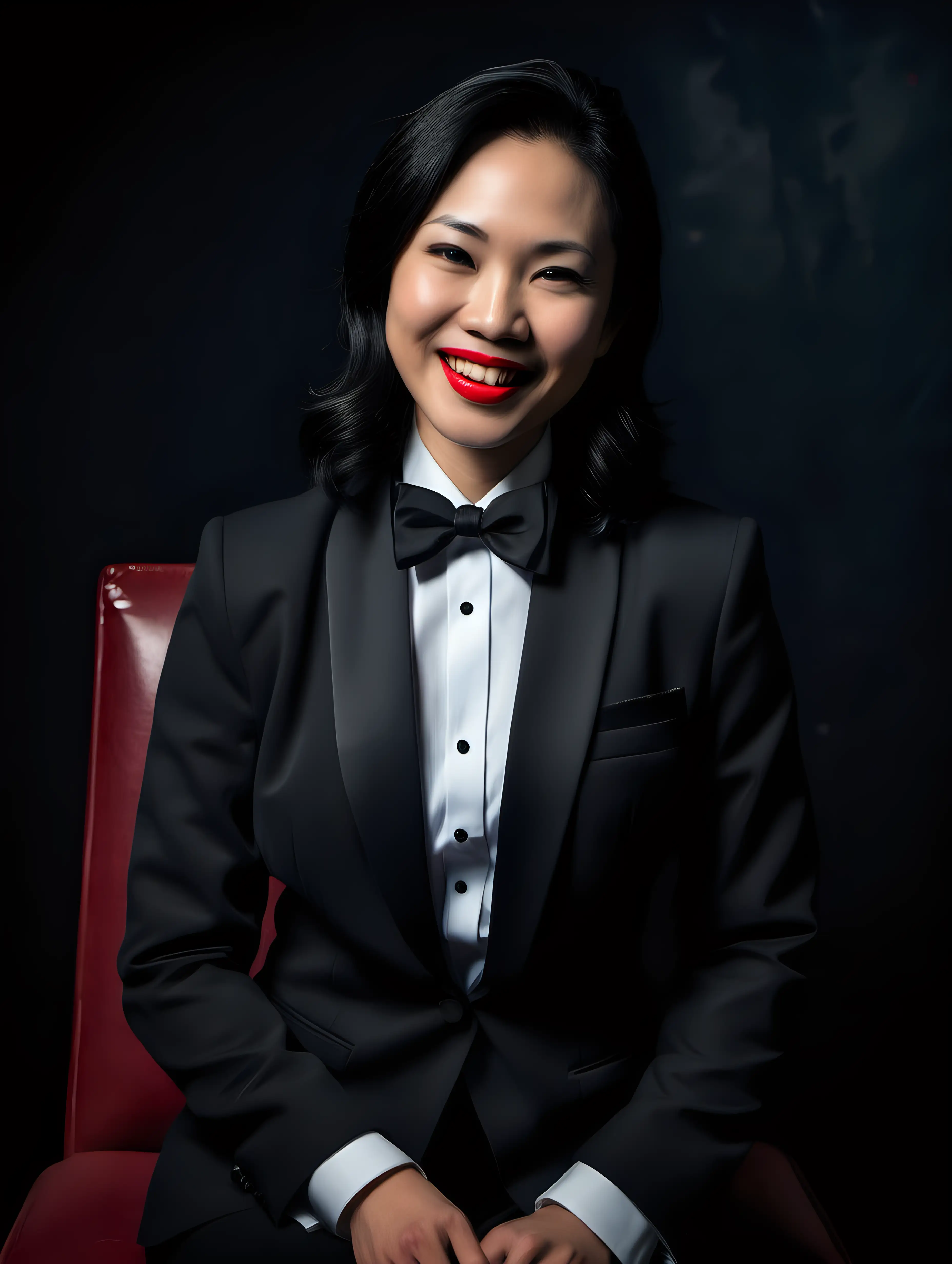 A portrait of a pretty 35 year old Vietnamese woman with shoulder length black hair and red lipstick is sitting in a chair in a dark room. She is facing forward. She is smiling and joyful and ecstatic. She is wearing a tuxedo. (Her jacket is open and not buttoned.) (Her pants are black.) Her shirt is white with a black bow tie. Her cufflinks are large and black. Her jacket is unbuttoned and has a corsage.