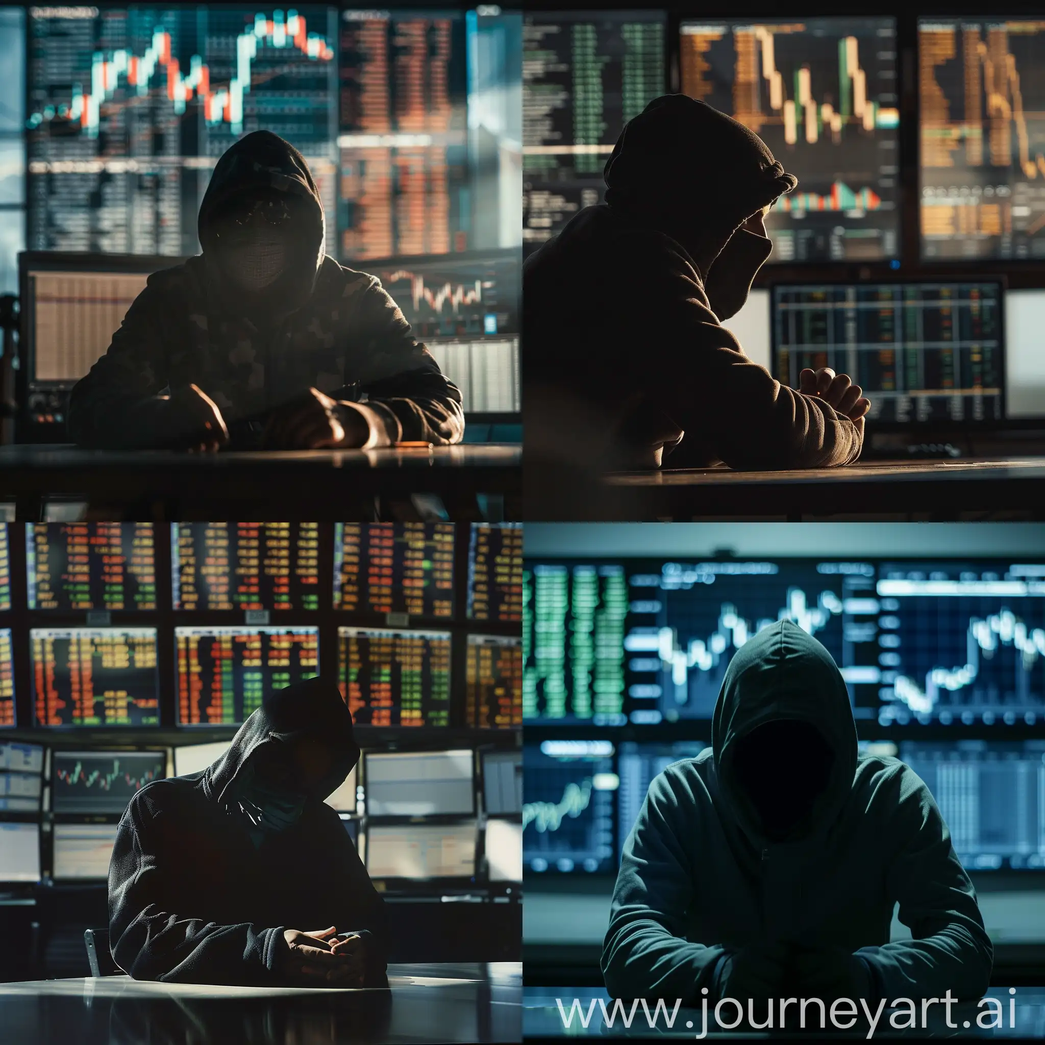 in the foreground, a man is sitting at a table in the shade, his face is not visible under the hood. behind him are barely visible monitors with stock market charts