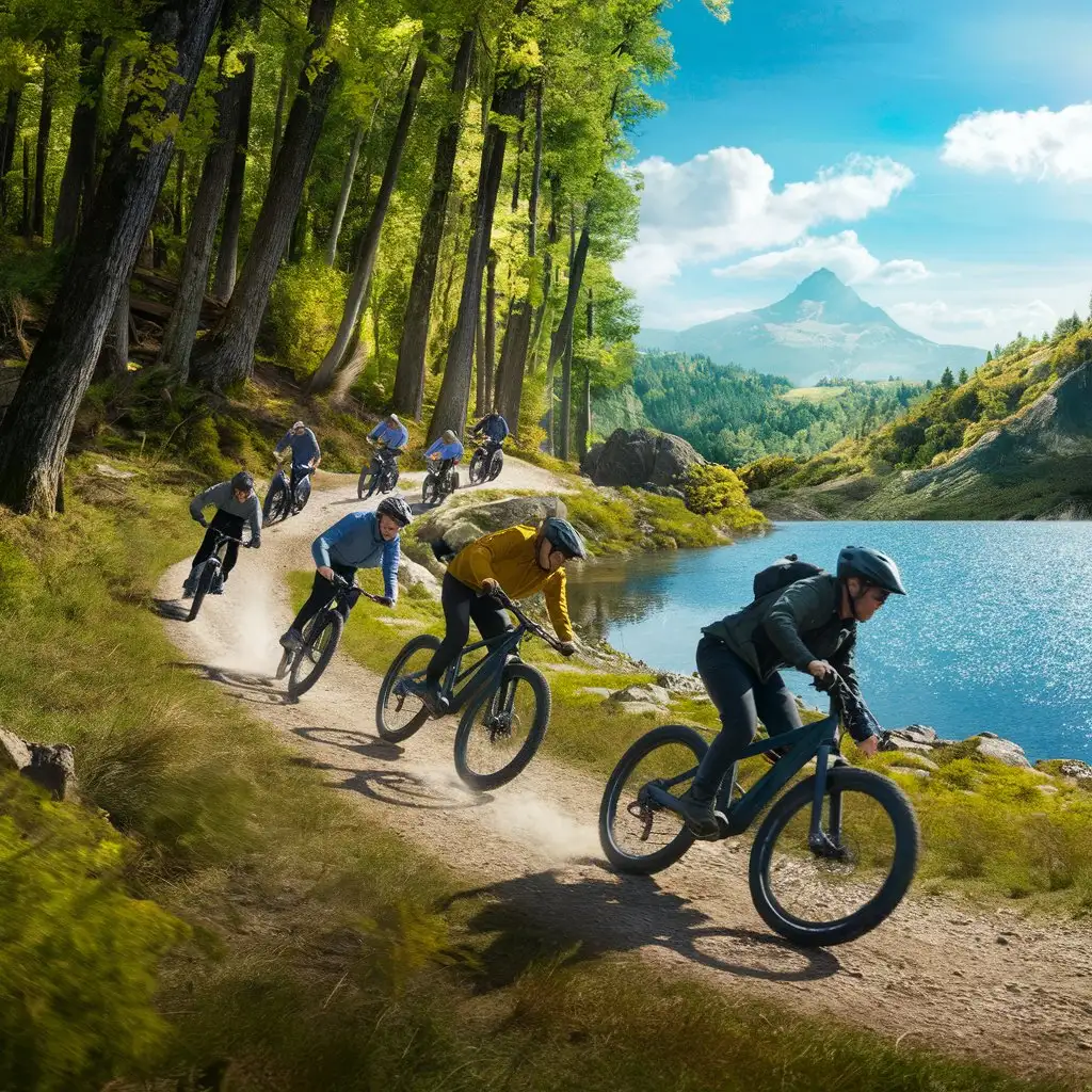 Ebike-Riders-Exploring-Forest-Lake-and-Mountain-Scenery