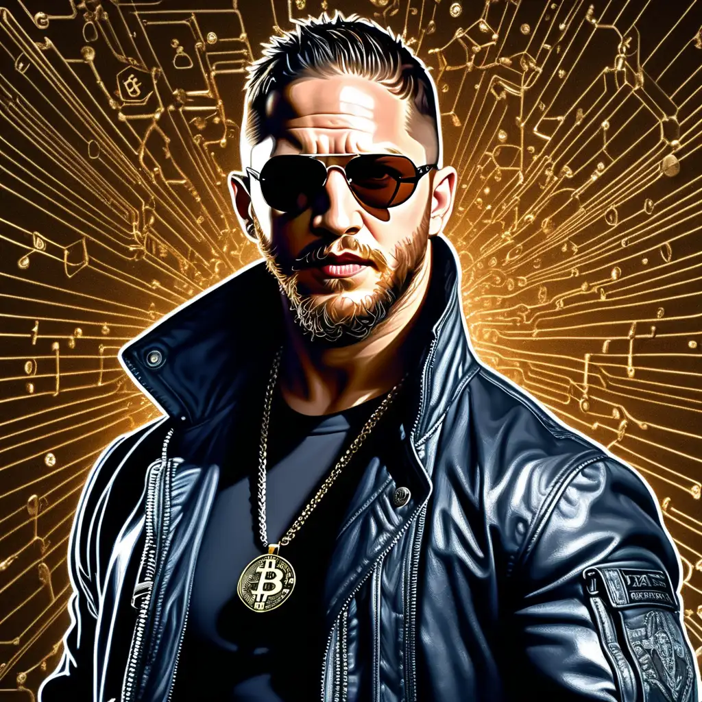 Tom Hardy, a future AI undercover agent, full body image, wearing sun glasses, Matrix style artwork, Bitcoin jewelry 