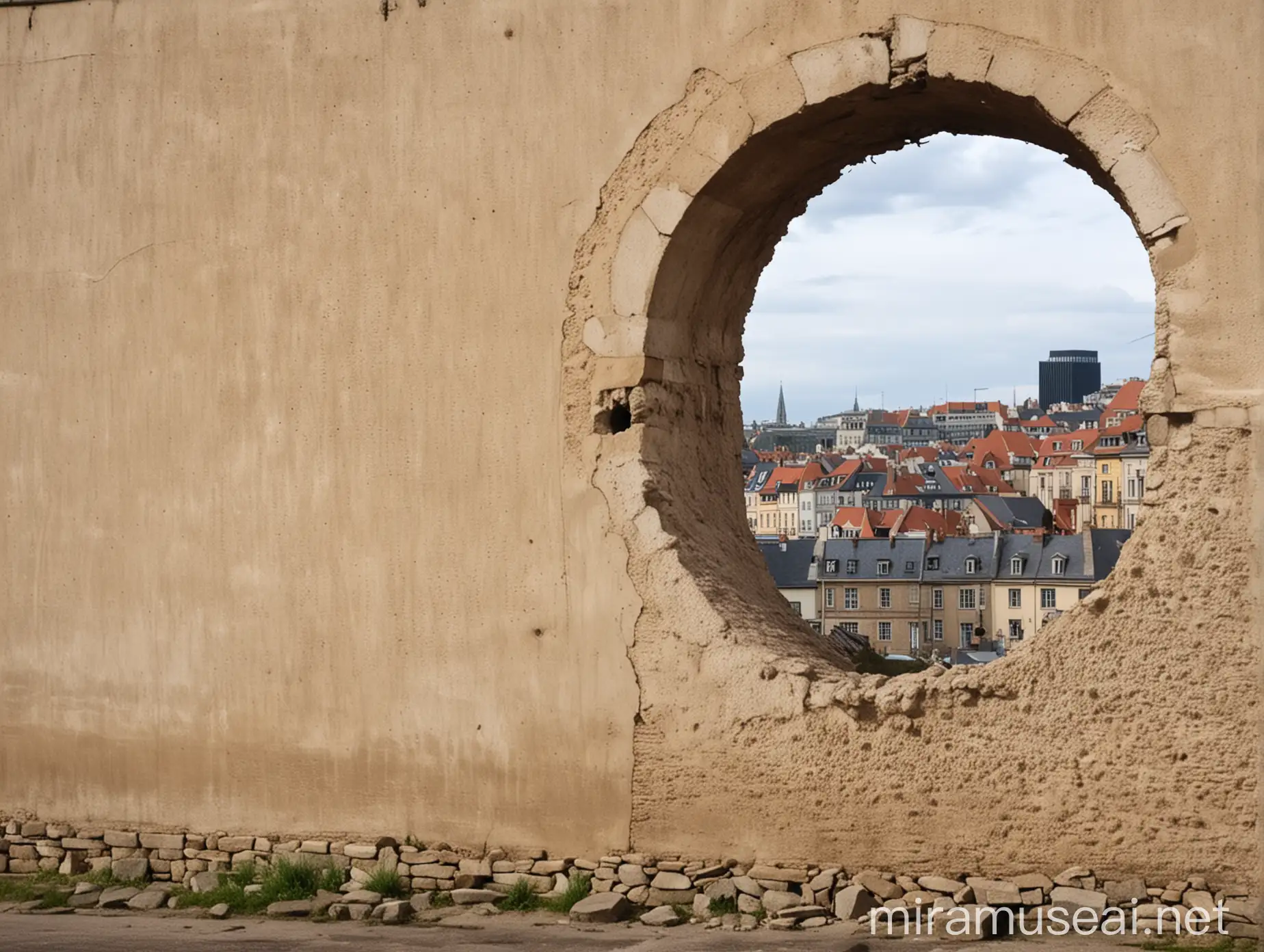 Urban Sidewalk Scene with Wall Hole