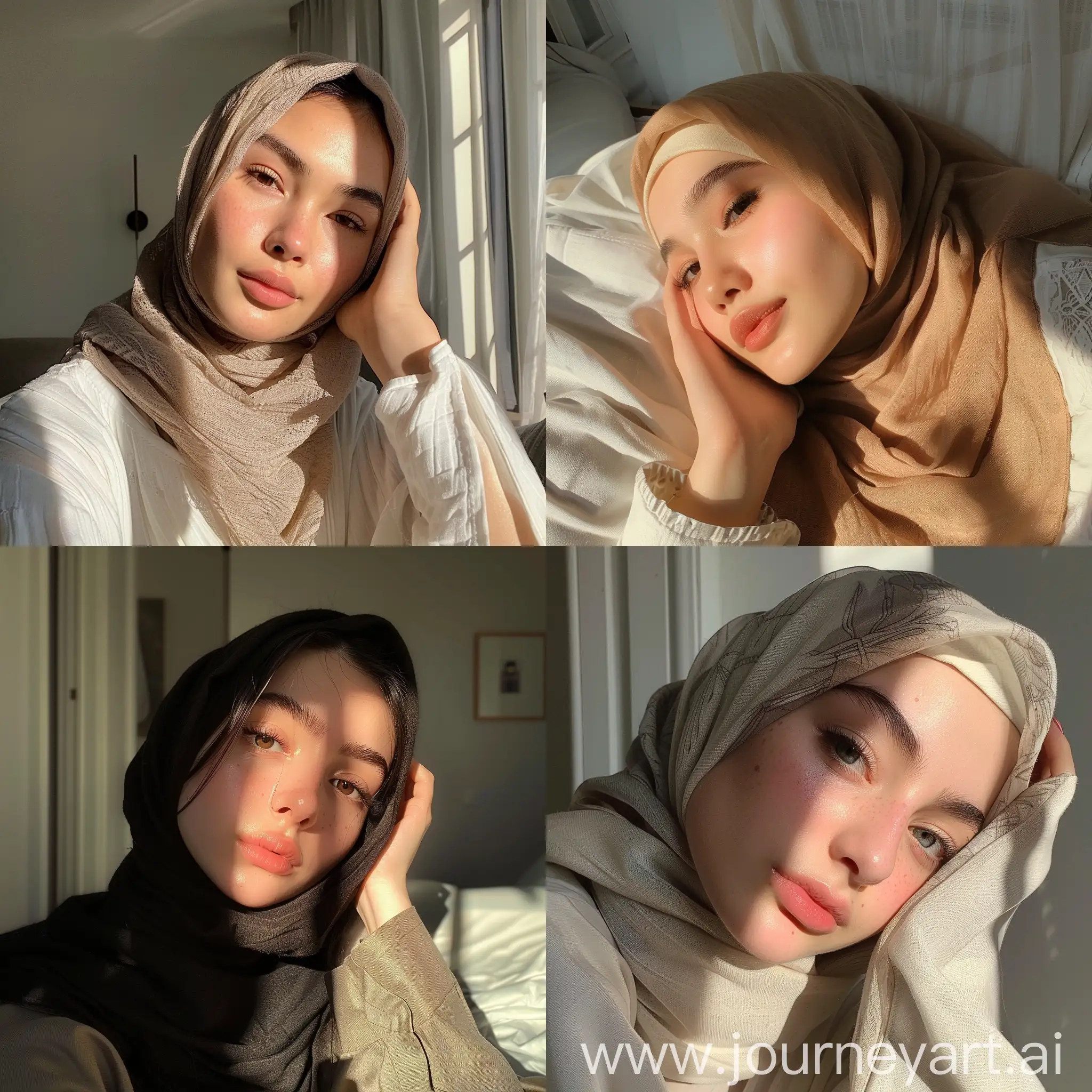 Aesthetic Instagram selfie, adorable,beautiful girl hijab, cute, NYC apartment. Kamar tidur cantik. Potrait dekat
