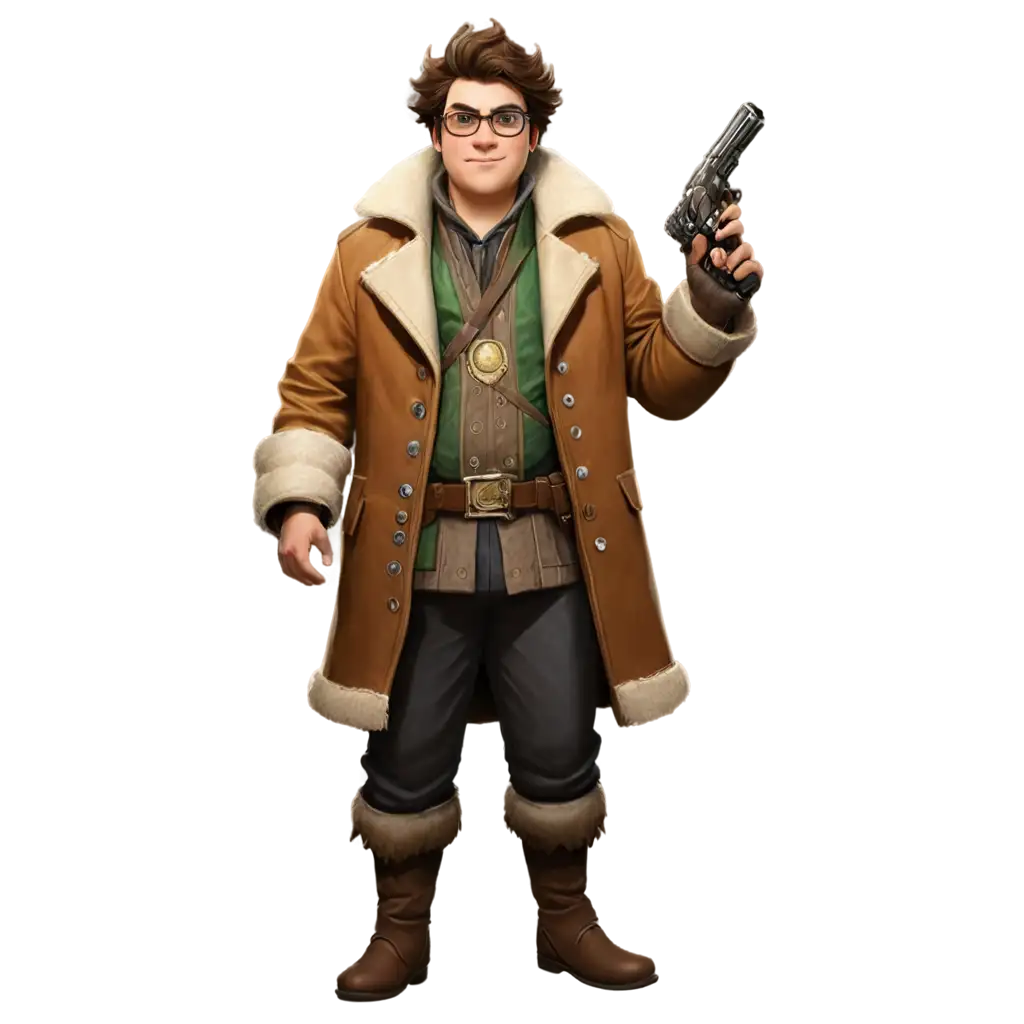 Young chubby brown-haired mage in a light brown boar leather jacket with intricate bronze embroidery and fluffy cream-colored fur cuffs. The jacket appears slightly snug on his plump frame. He holds a healing gun with green light, a determined expression on his round, friendly face. Stats: Lv.7, HP 120/120, MP 130/130, STR 6, AGI 8, VIT 9, INT 9, STA 8, CHR 8, MAG 7, LUK 9. Skills: Shopping (S), Dimension Bag (A), Concentration (C ), Greater Heal. RPG character status screen UI, cluttered alchemist's lab background. Whimsical fantasy illustration style.